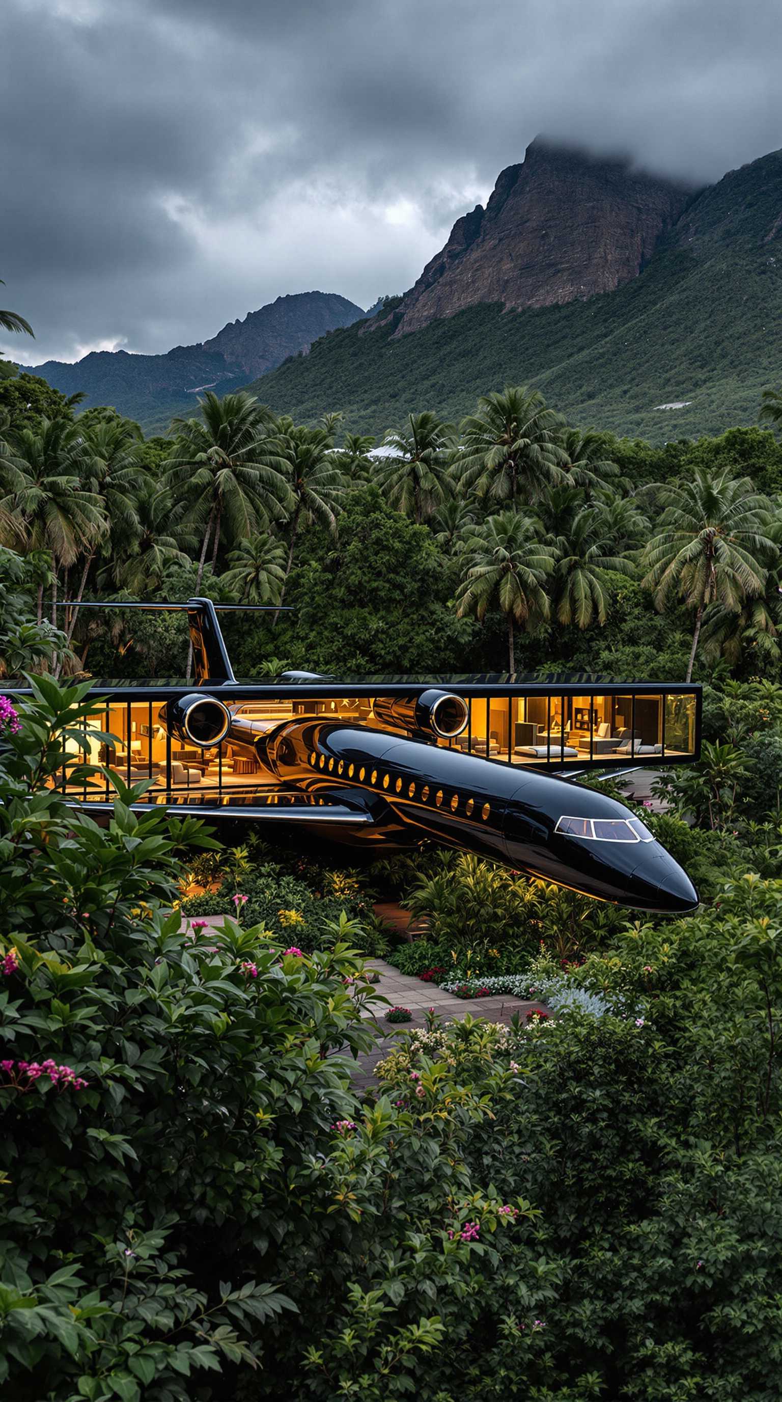 A luxurious private jet repurposed into a modern, high-end residence surrounded by lush tropical greenery. The jet is positioned as part of a house, with its fuselage transformed into glass-walled rooms emitting warm lighting. The scene is set in a dense tropical rainforest with tall palm trees and vibrant plants, nestled against a dramatic mountain backdrop under a cloudy evening sky. The black jet has a sleek and glossy finish, blending seamlessly into the architecture with a futuristic design. The angle of view is slightly above ground level, highlighting the integration of the jet into the natural landscape. The style is realistic with cinematic lighting, emphasizing luxury and creativity. 
