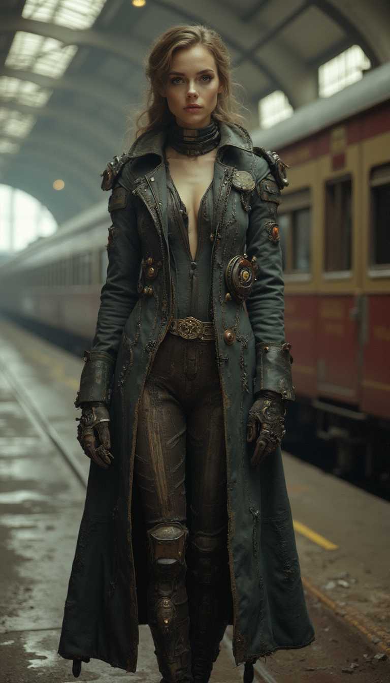 Beautiful young steampunk cyborg woman, wearing a long coat and small bodysuit, standing at an old train station