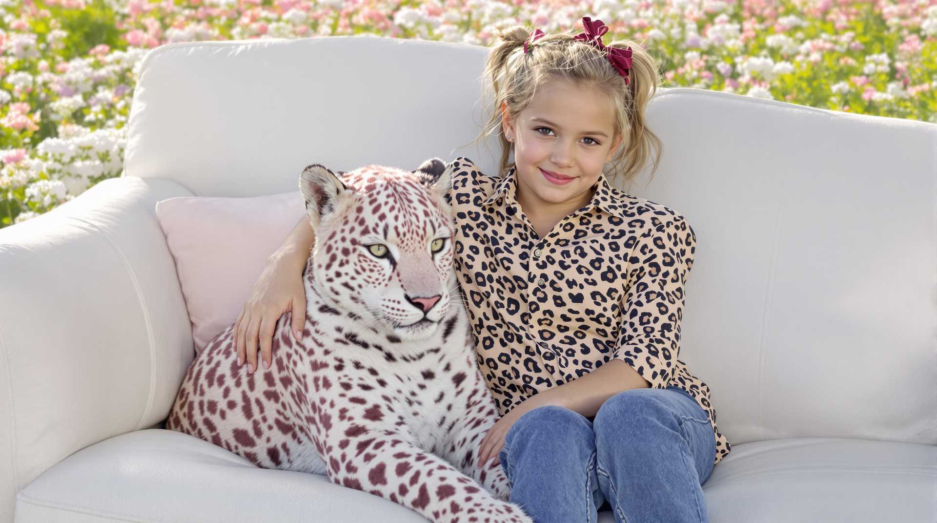 Little Girl Posing with Leopard Print Stuffed Animal in Flowery Field