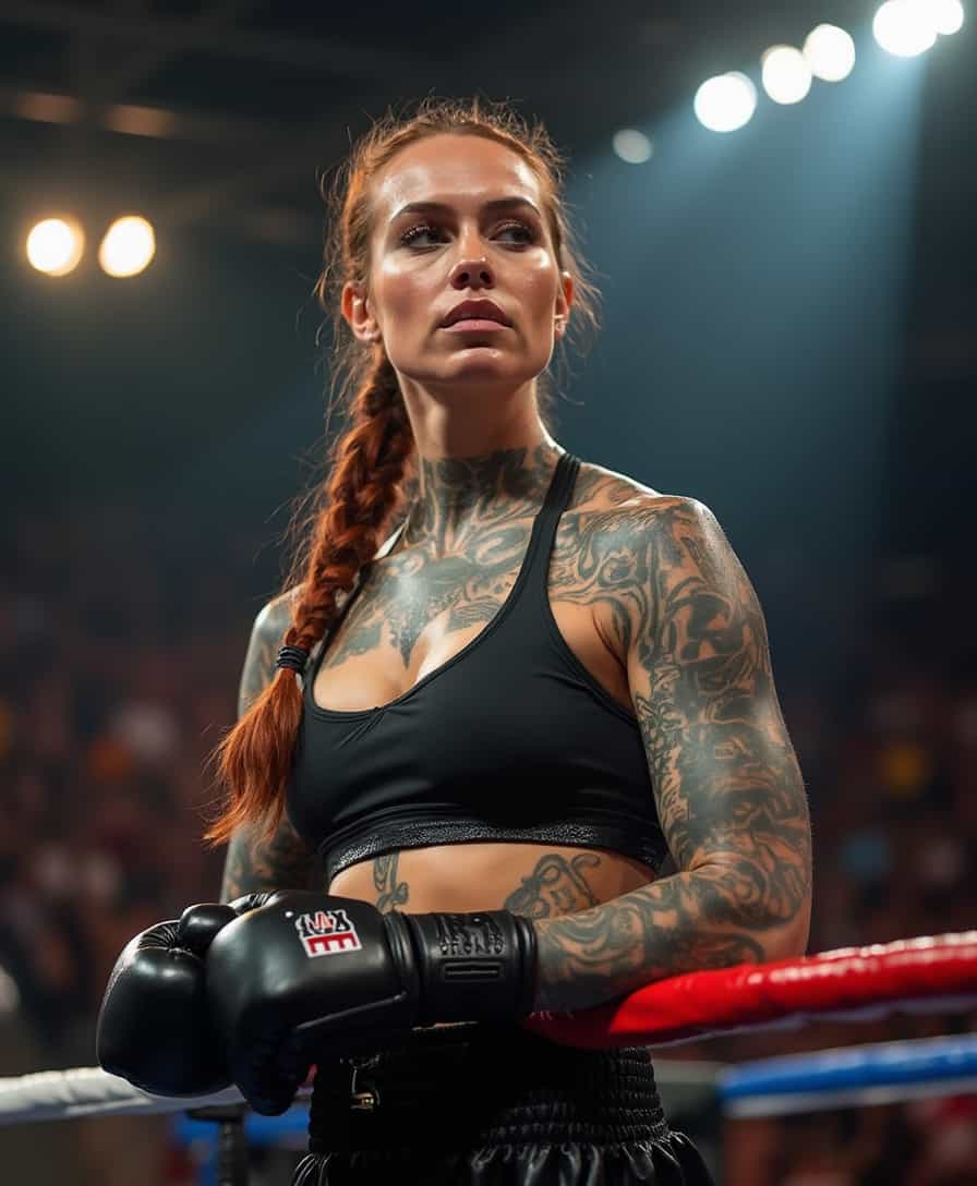A stunning British female boxer with a powerful, athletic build, her entire body adorned with intricate tattoos that reflect her strength and individuality. She is in a boxing ring, wearing sleek boxing gear and gloves, with her hair tied back in a practical yet stylish braid. Her expression is intense and focused, showcasing her determination and resilience. The background captures the energy of a roaring crowd, with bright lights illuminating her toned physique and the detailed artwork of her tattoos.A strikingly beautiful British female boxer, with athletic build and flowing auburn hair tied in a tight braid, stands confidently in a boxing ring under dramatic lighting. Her muscular arms are adorned with intricate tattoos that tell a story of resilience and strength. 