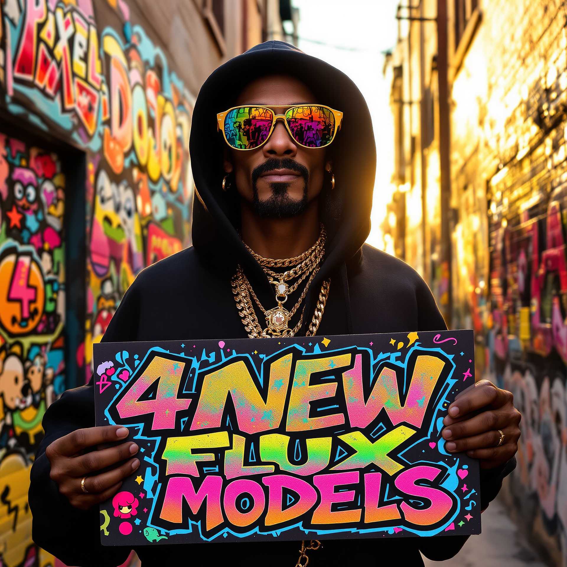 Rapper in Colorful Sunglasses and Hoodie, Holding 4 New Flux Models Sign
