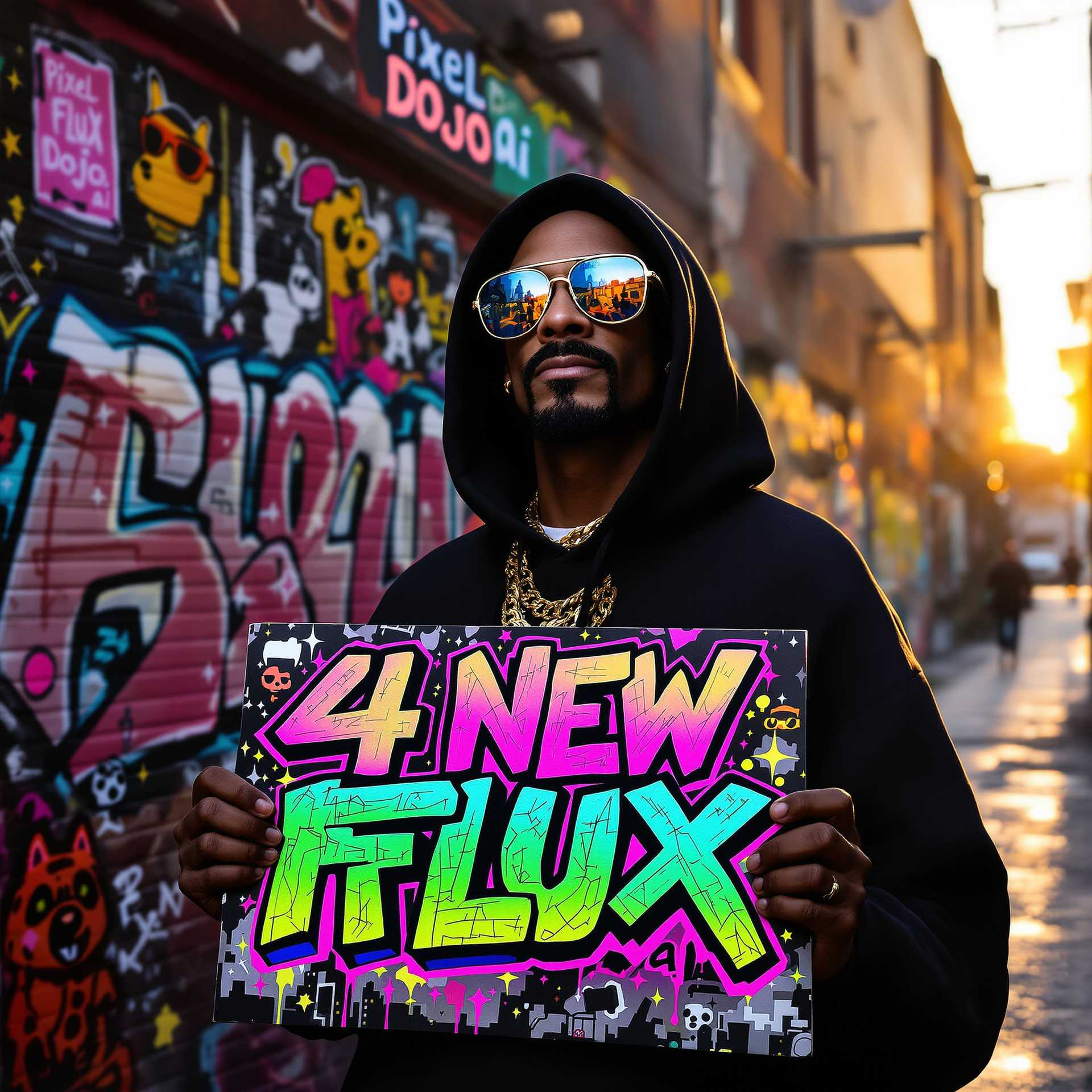 Create a vibrant urban scene capturing street culture with a Snoop Dogg-inspired character in a stylish oversized black hoodie and flashy gold chains. His oversized sunglasses reflect a colorful street scene. He holds a large sign reading "4 NEW Flux Models @ PixelDojo.ai" in graffiti-style lettering with bright pinks, greens, and yellows. The gritty background features intricate graffiti art with the phrase "PixelDojo.ai" in a creative font, surrounded by playful cartoon dogs, geometric shapes, and abstract designs. Set in a narrow alley during golden hour, the scene glows warmly with long sunlight shadows