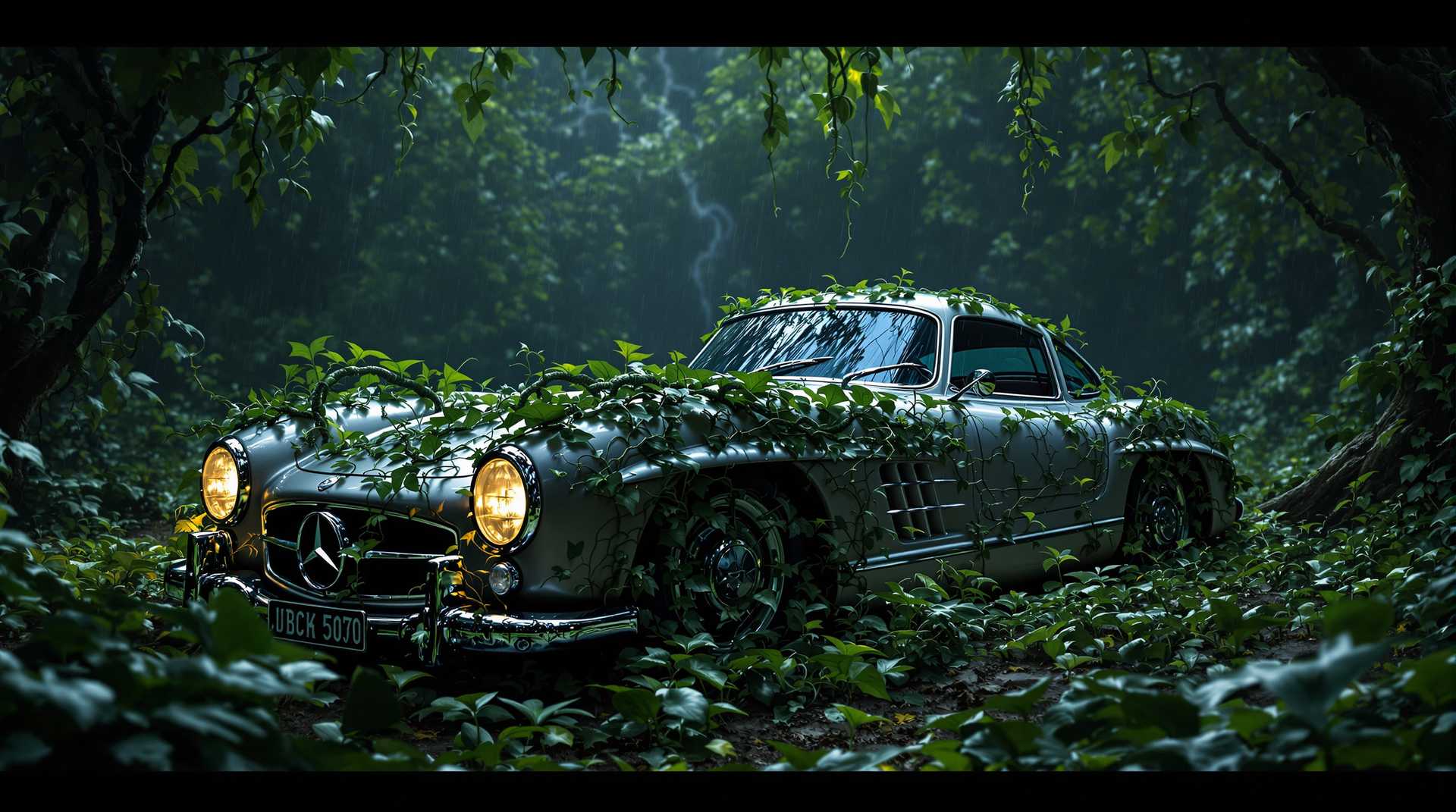 The image showcases a sleek, 1957 Mercedes-Benz 300 SL Gullwing, closed doors,  enveloped in a mystical ambiance, seamlessly blending contemporary design with dark fantasy elements. The vehicle, adorned with intricate patterns reminiscent of witchcraft, is almost entirely overrun by lush green ivy and twisting vines that crawl over its metallic surface, creating a striking contrast between nature and technology. The composition is dramatic, with the car positioned in the center, framed by dense, shadowy foliage that hints at an enchanted forest. Soft, ethereal lighting filters through the leaves, casting dappled shadows and illuminating the car's curves, enhancing its otherworldly allure. The overall genre evokes a sense of magical realism, inviting the viewer to imagine a story where modernity meets ancient enchantment. At night. Heavy rain and lightning.