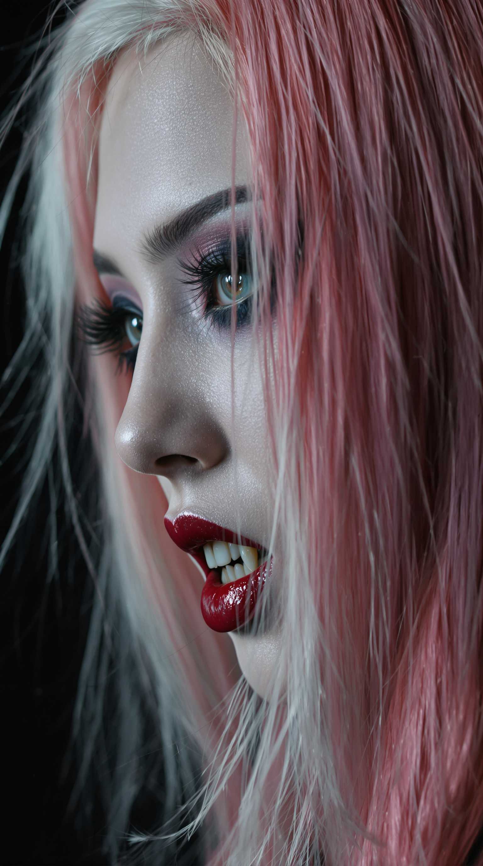 masterpiece, high detail, masterpiece, closeup portrait of stunning oriental vampire woman, long pink hair with white streak, dark eyeshadow, red lips, mouth slightly open showing fangs, chiascuro, sexy, seductive, erotic, direct gaze, dark background. highest definition, HD32K, wallpaper, hyperdetailed, concept art, extreme closeup, side profile