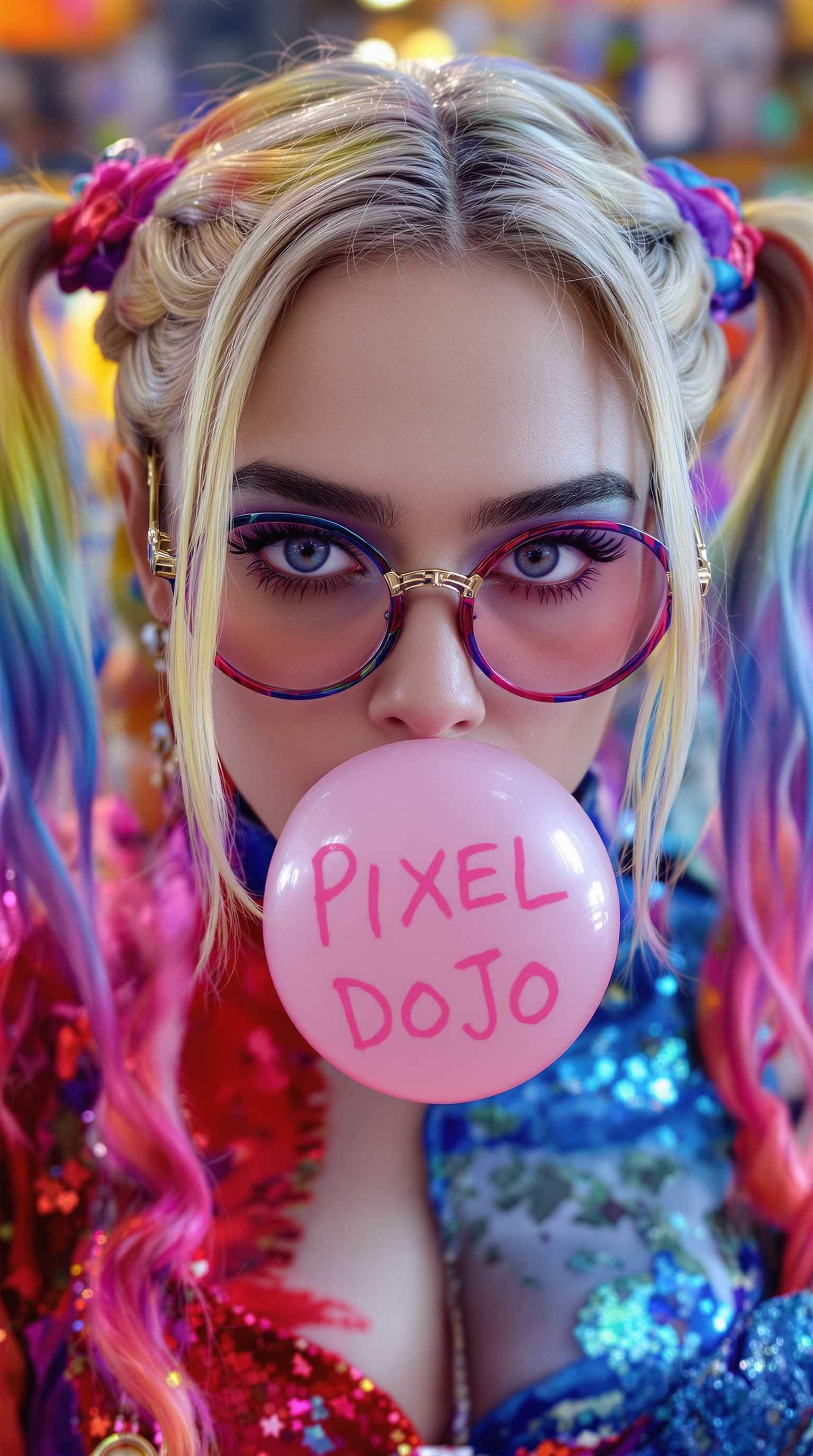 High Resolution, Excellent Quality, Detailed, Half Leather, (Margot Robbie), (rainbow sparkly hair), braided Victorian hairstyle, dressed in a beautiful rainbow outfit created by Eiko Ishioka, Beautifully detailed face, Clean looking faces, Metallic glass, Blue and Red, Japanese Harley Quinn is shown in the center of the scene looking at the camera, blowing a small pink bubblegum bubble, the words "PIXEL DOJO" are written in pink marker on the bubble, (Image was captured on a Sony Alpha a9 II camera), DSLR, UDH, 8k.