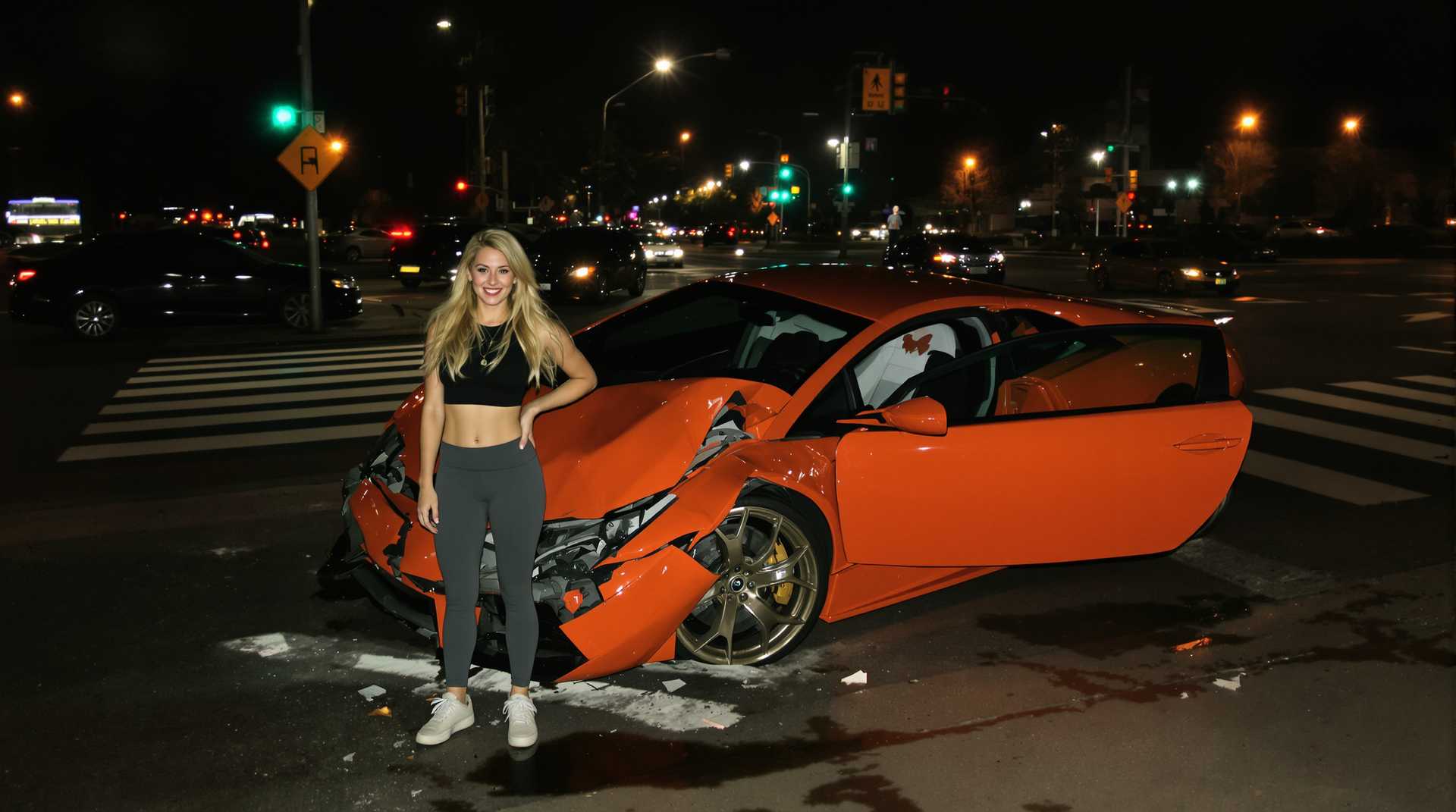 low lighting, underexposed, medium-resolution photo, shot on a mobile phone, slightly grainy, with minor visible JPEG artifacts and noise in the darker areas. The image captures an orange sports car lamborghini murcielago heavily damaged in the front, parked askew on a curb at a city intersection. Various angular elements of the damaged hood, express the severity of the impact. The car's right door is open, and there are noticeable wheel marks, debris, and liquid on the road, likely from the impact. Surrounding environment includes a paved sidewalk in the foreground and blurry, partially illuminated street with traffic lights and moving vehicles in the background, street lights casting a yellowish glare, suggest night time in an urban setting, dynamics of urban accidents, car culture. on foreground in front of the car is standing young woman and smile, dynamic pose, she is blonde with long hair, wear grey leggings and black crop top and sneakers