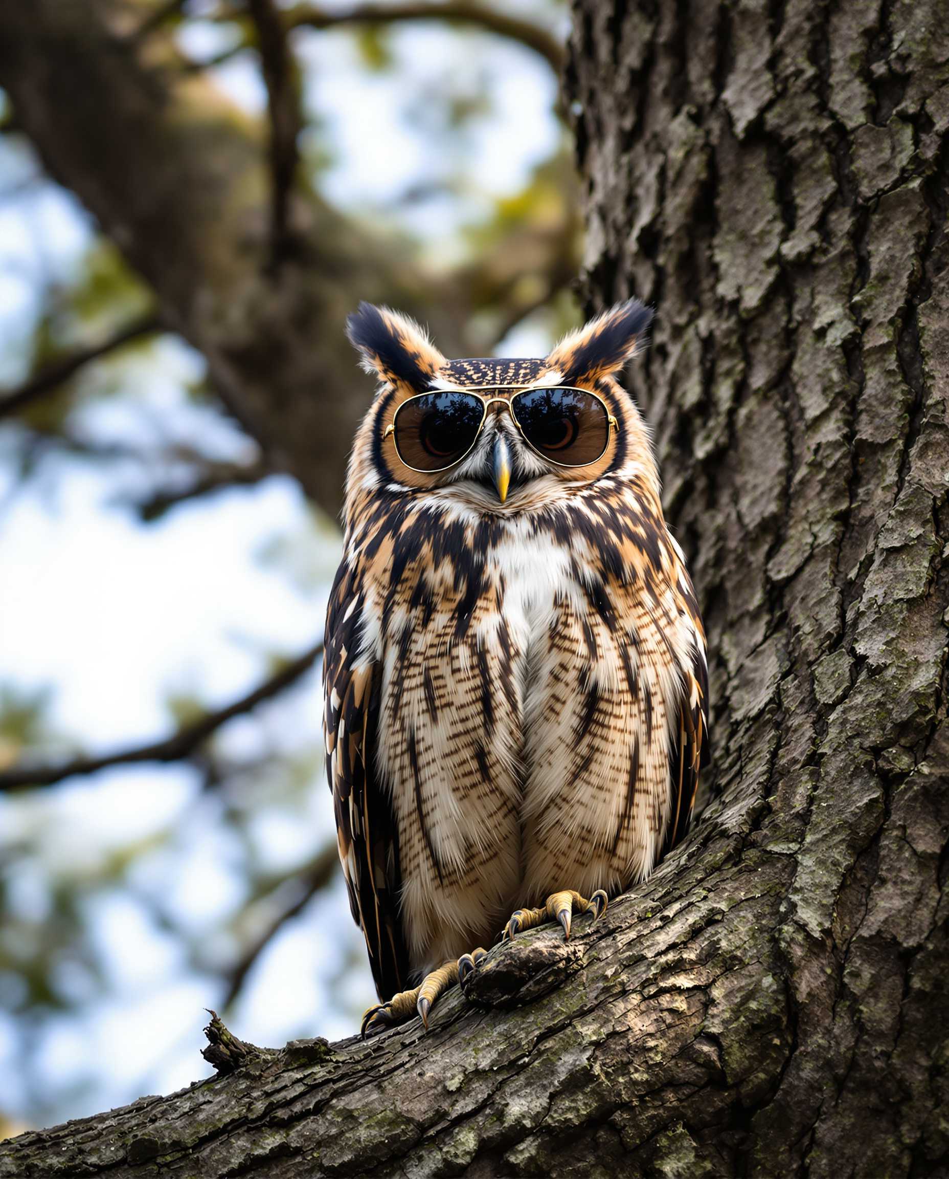 A wildlife nature photo of an owl in a tree wearing aviator sunglasses., 