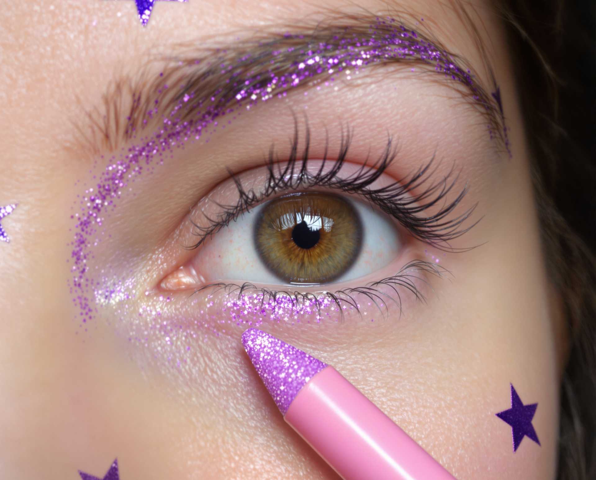 Extreme close-up of a human eye with light brown iris, natural eyelashes, slightly pink waterline, surrounded by skin with star-shaped purple glitter decorations. A pink cosmetic pencil is poised near the lower lash line, suggesting application. Image is sharply focused on the eye, with visible detail of the eye’s surface and subtle reflections in the cornea. Blurred background with a slightly underexposed quality., 
