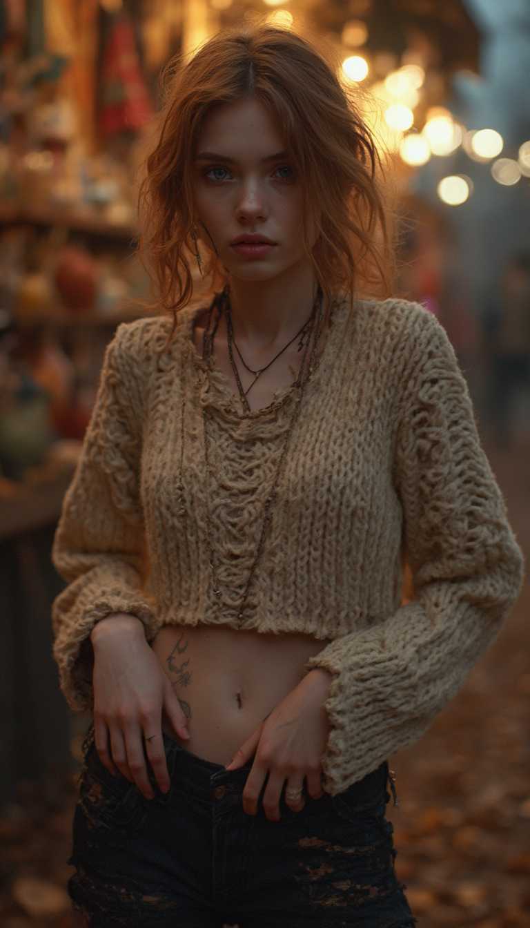 Pictorialist cowboy shot photograph showing slim bosnian 1girl, 20yo, with sorrowful blue eyes and wide lips seen in a hands on hips pose. She has messy ginger emo scene hair with dark roots and red e-girl makeup and eyeshadow, wearing frilled cotton crop sweater in a vertical stripes design with lace hotpants with distressed look accompanied by a pendant necklace. Set in a village scenery with flea-market stands featuring curios, on a dark clear midnight in autumn, giggling expression. With artificial loop lighting, bokeh, perfect composition, looking like elsa and gisele bündchen   
