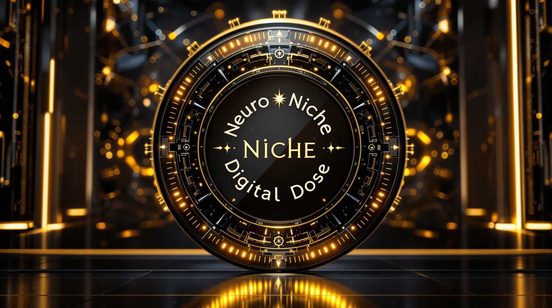 masterpiece, best quality, highres, sharp image, more detail <lora:more_details:0.5> <lora:SDXLrender_v2.0:1>, SEEN DIRECTLY IN FRONT, a fancy ROUND sign that reads Neuro Niche Digital Dose, mirror, black glass, gold, neuron connections, digital CIRCLE logo, brand mark, suiteble for film introduction, cinematic, dramatic, crystal sharp, 4k unreal engine, gears, led lights, dieselpunk, scifi, center, symetrical, front wiev, waterdroplets, inner glow of gold, keep all objects in frame, ANIMATION FRIENDLY,