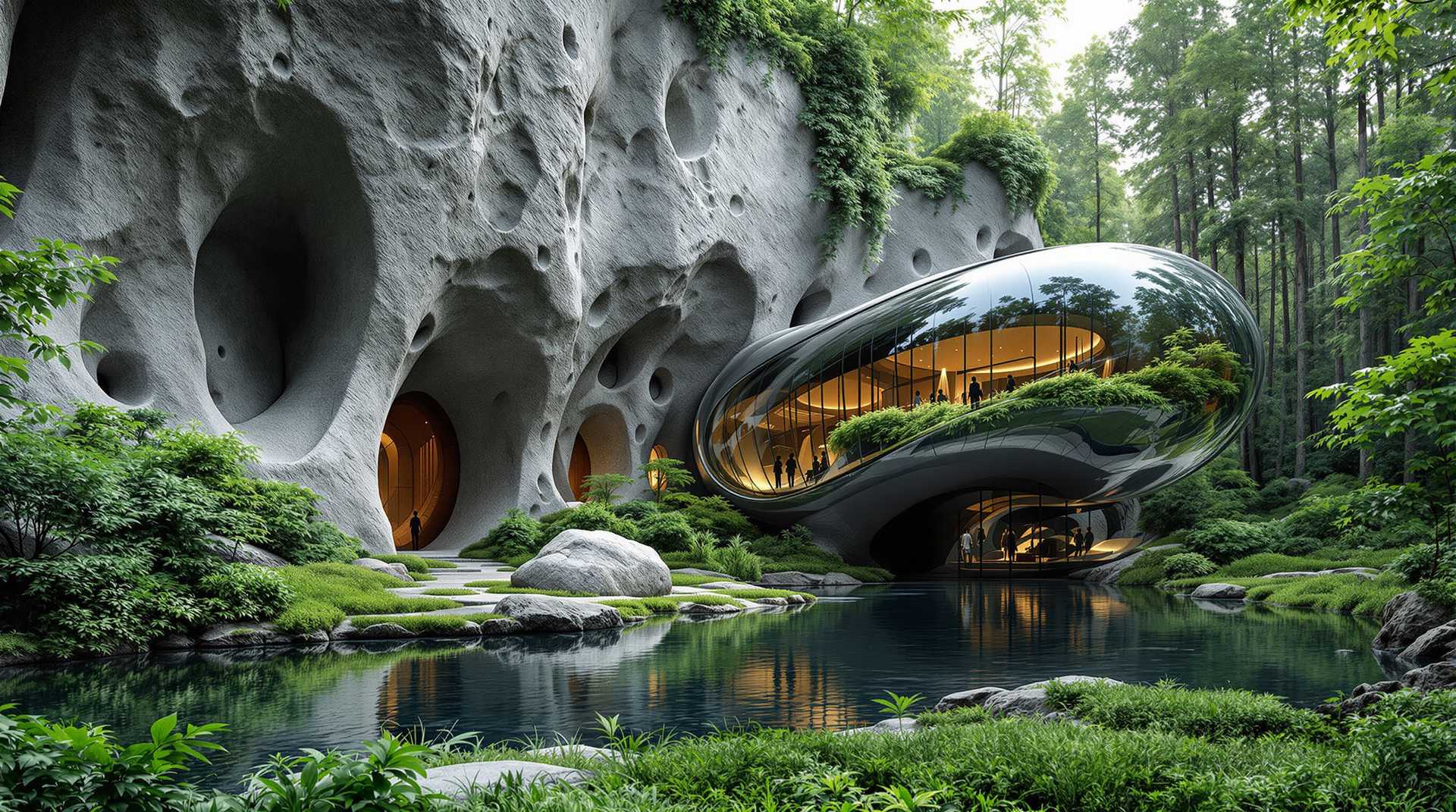 In a matte material style, the image presents a striking juxtaposition between a gray stone wall and a futuristic building seamlessly integrated into its forest surroundings. The wall features a unique, stylized design, with prominent caves and a stone cliff that create a moody atmosphere. The primary subjects emphasize the stone cliff and its environment, which includes a large rock at the center and smaller stones lining the cliffside, all rendered in shades of gray. 

In contrast, the remarkable building showcases fluid metal curves and extensive glass surfaces that reflect the lush greenery around it, appearing almost otherworldly. A still pond in the foreground mirrors both the vibrant flora and the lower parts of the architecture, enhancing the depth of the scene. Towering trees form a natural curtain around the structure, reinforcing the connection between advanced design and the natural world. 
