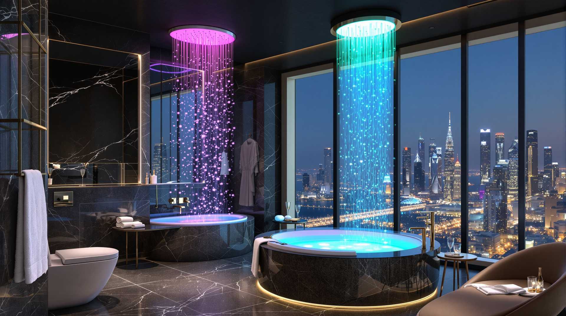 A modern bathroom with  a large rain shower. The bathroom is made of dark grey marble. The ceiling is dark  gray. The large round bathtub has a whirlpool bath with a large illuminated rain shower in different ccolours .  The towel racks are gold-plated, as are the taps.   A  toilet,  a modern curved lounger,  a  small table with champagne,  crystal vessels. Through the floor-to-ceiling window is the view over the illuminated nighttime skyline of Dubai.