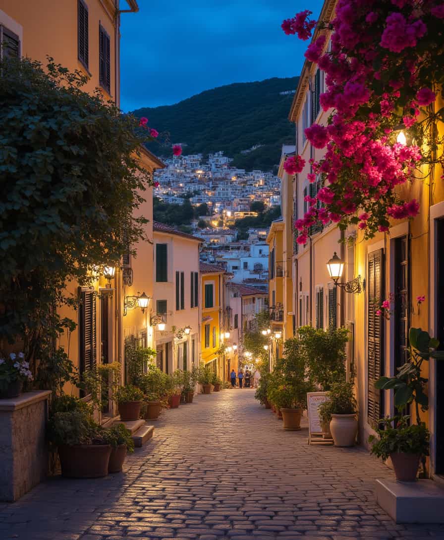 Nighttime Stroll in a European Alleyway with Pink Flowers and Street Lights