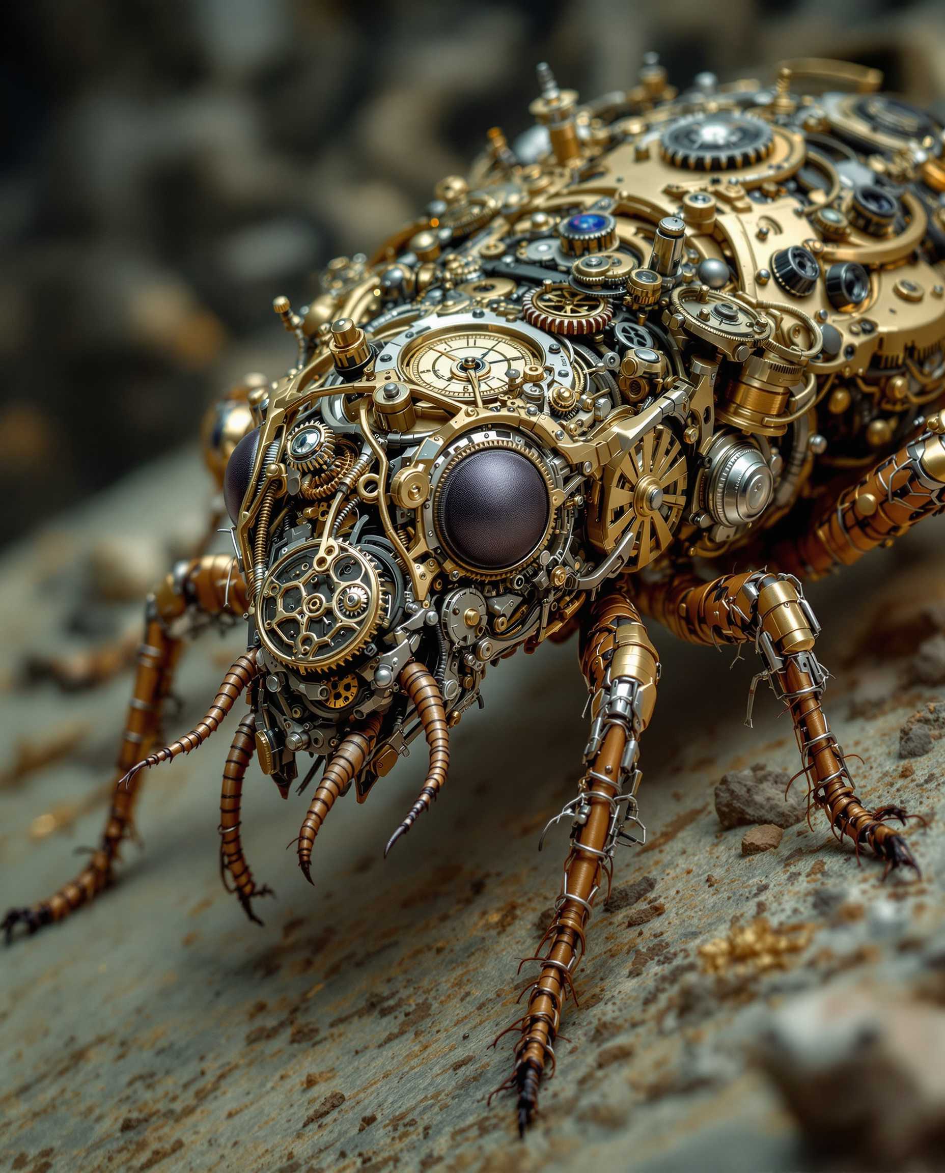 (hybrid:1.10) (detailed intricate mechanical clockwork parts:1.2) (insect beetle:0.95), (merge:1.1), 
 crawling along realism pushed to extreme, fine texture, incredibly lifelike, cinematic, 