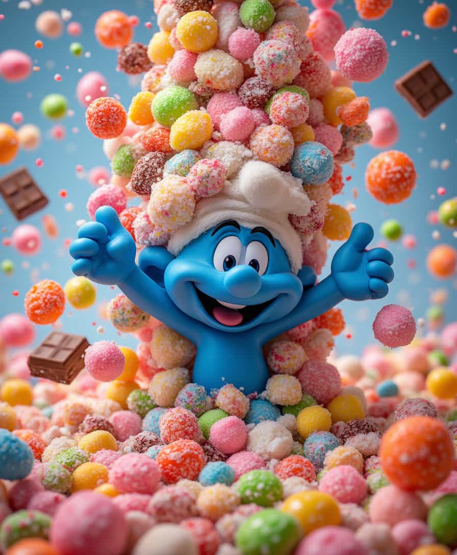 aidmaMJ6.1, 
Design a lively studio image featuring a Smurf bursting out from a towering pile of colorful candies, showcasing an expression of uncontainable joy. The candies should include a variety of textures and shapes—think shiny chocolate bars, fluffy marshmallows, and tangy sour belts. The background should be filled with swirling patterns reminiscent of candy swirls, creating an immersive environment. Capture the moment with dynamic angles to convey movement and excitement, highlighting the Smurf's adventurous spirit as it explores this sweet paradise.