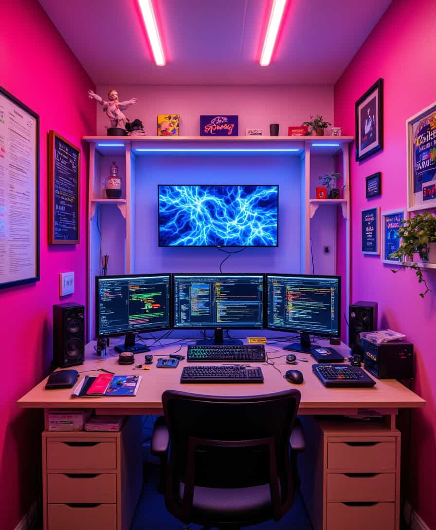 aidmafluxpro1.1, aidmaMJ6.1, 
a Colorful and [Cuban|Shinto] desk with pink walls and a large screen displays the latest data from within. The desk is filled with various types of machines, including machine learning algorithms, epic composition equations, or spreadsheet systems. 80mm, aidmafluxpro1.1