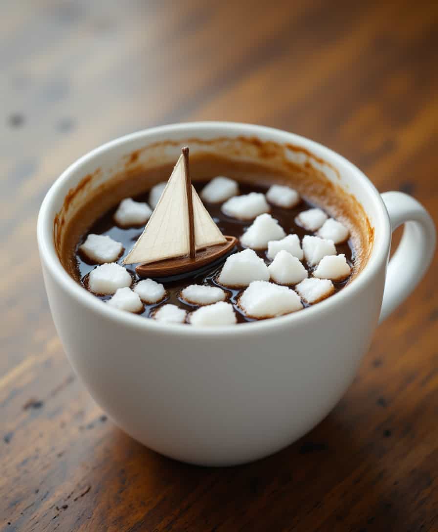 aidmafluxpro1.1, aidmaMJ6.1, 
A coffee cup with tiny sailboats floating on the coffee, surrounded by sugar cube icebergs , creative, (masterpiece), unique,  