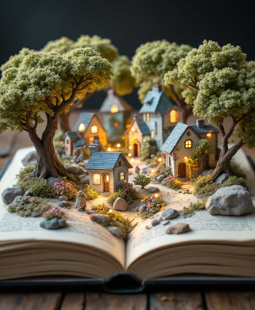aidmafluxpro1.1, aidmaMJ6.1, 
An open book with pages turned into a miniature, whimsical village nestled among the creased paper. Small cottages made from stacked pages, trees with leaves cut from the book itself, and tiny characters walking along paper pathways under a warm, magical glow, 