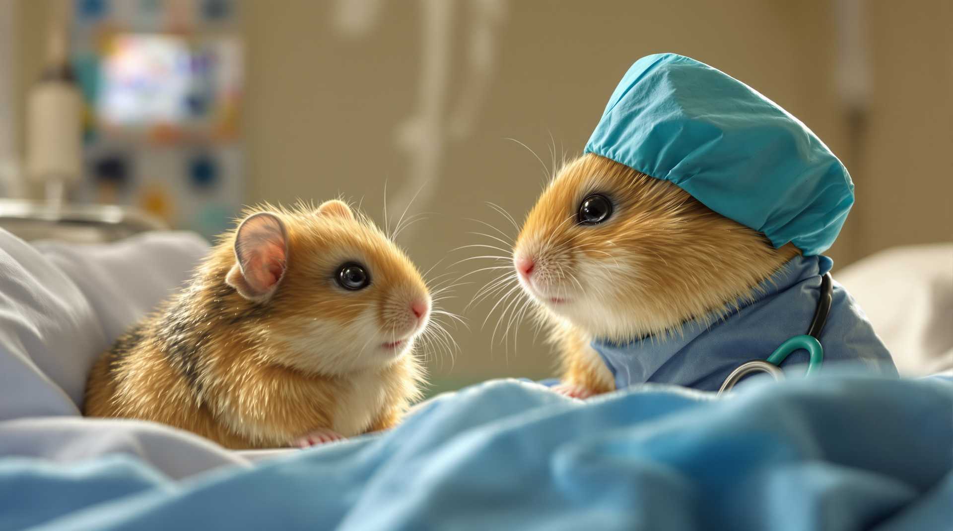 Realistic photo of anthropomorphic hamster wearing doctor uniform looking at golden hamster pacient lying in hospital bed,
