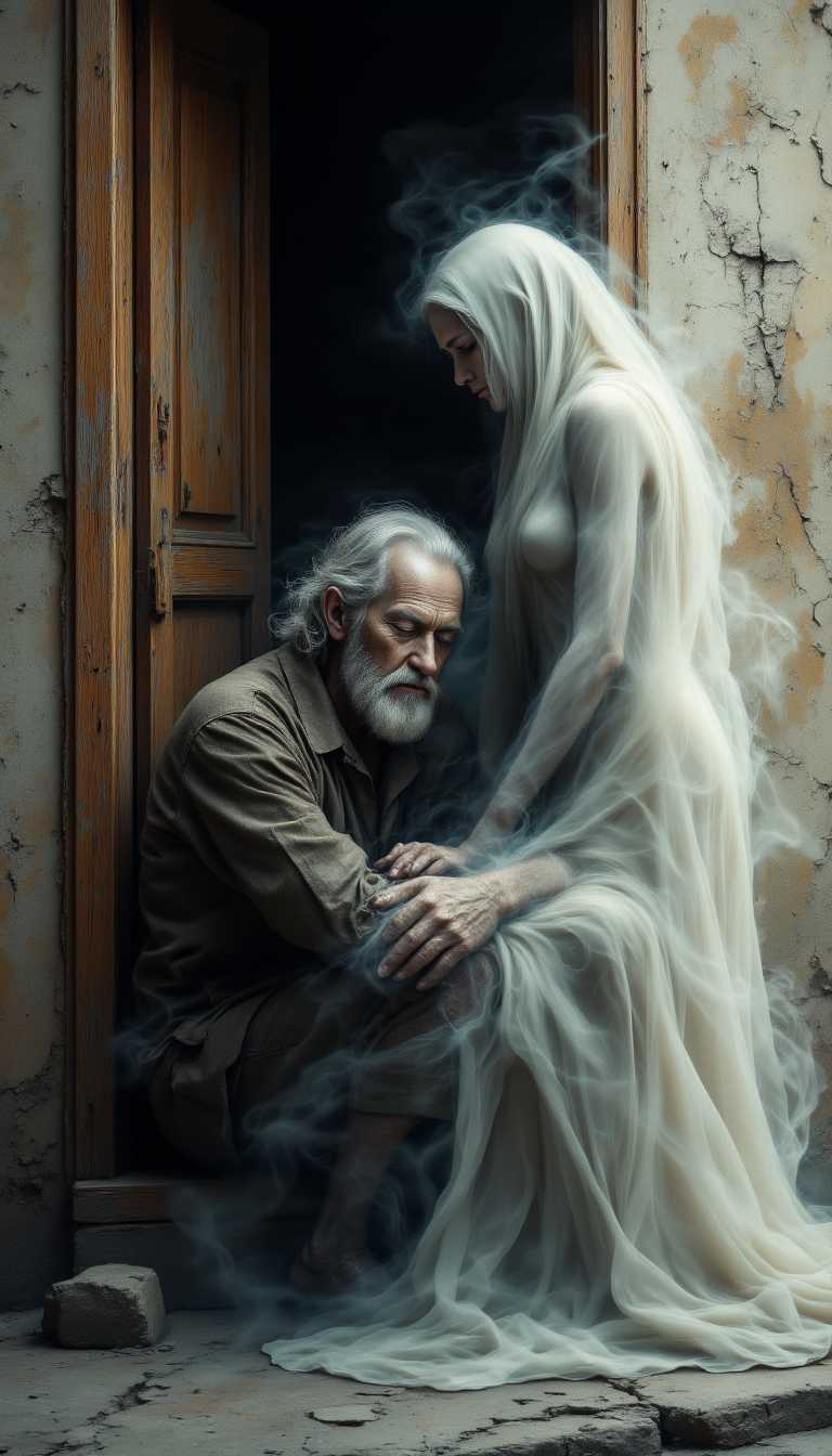 aidmafluxpro1.1, aidmaMJ6.1,
beautifully weathered old homeless veteran sitting on the ground slumping against the wall of a building with his eyes closed. there is an Ethereal ghost,translucent figure of a beautiful elderly woman comforting him,
