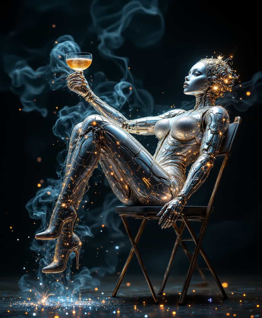 aidmafluxpro1.1, aidmaMJ6.1,
Used a controlnet to get the post - A gleaming, haute couture robot with intricate metallic filigree and iridescent crystal accents leans back precariously in a flimsy folding chair, its sleek titanium legs elegantly crossed. One leg is dramatically kicked high into the air, revealing a glittering stiletto heel attached to its foot. The robot's torso is adorned with a form-fitting corset made of polished chrome and delicate lace-like circuitry. Its head is crowned with an elaborate headdress of oscillating antennae and pulsating LED lights. The robot's face features expressive, glowing eyes and a coquettish smile etched in luminescent neon. Sparks fly from its joints as it balances perfectly, defying gravity. The chair creaks under the weight of the luxurious automaton, adding tension to the scene. Dramatic lighting casts long shadows, emphasizing the contrast between the opulent robot and the mundane chair. A swirling mist of holographic glitter surrounds the robot, creating a mesmerizing aura. The robot's free hand holds a fizzing cocktail in a champagne flute, complete with a plasma umbrella garnish.
