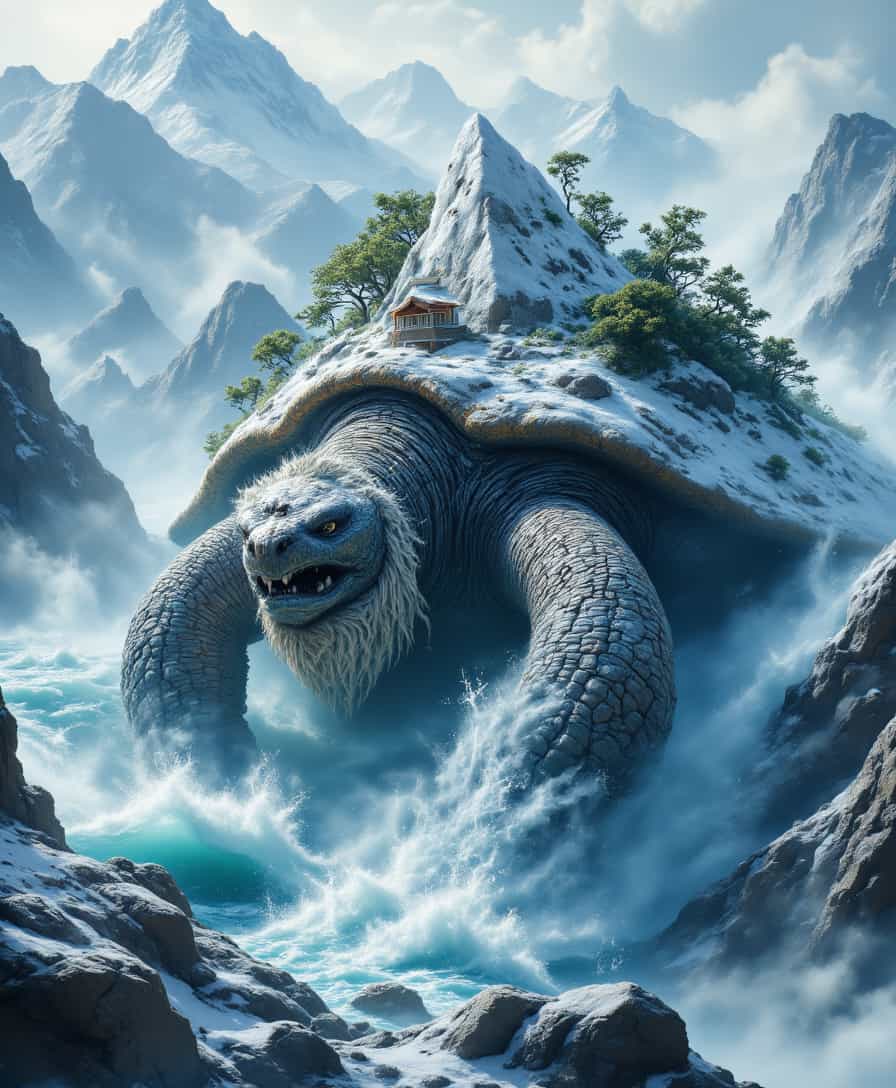 aidmafluxpro1.1, aidmaMJ6.1,
jushen, aidmafluxpro1.1, a huge ancient turtle with beard emerges from the icy depths, its massive form dwarfing the jagged peaks that once served as its resting place, carrying an snow island with numerous snow mountain and dense forest on its back. The air crackles with anticipation as the beast slowly awakens, sending tremors through the ocean and the surrounding landscape. The line between chinese mythology and reality blurs as the world braces for the return of a forgotten power.