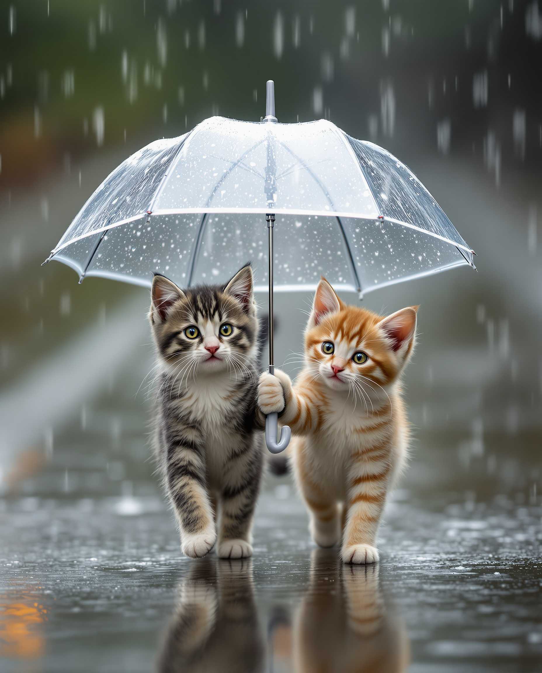 Two kittens walking in the rain under an transparent umbrella
