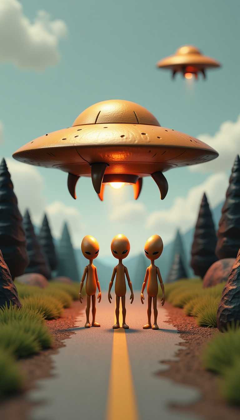 3d cartoon wooden characters painted with glossy paint. Toy diorama. The colors in the image are vibrant. The sky is a soft, grayishwhite, which contrasts with the darker tones of the landscape and the metallic sheen of the flying saucers. The ground is a mix of browns and grays, with patches of green grass, and the trees are depicted in varying shades of black and gray.The objects in the image are the focal points of the scene. There are three flying saucers, each with a distinct shape and size. The largest saucer is at the center of the image, hovering over a straight road that cuts through the landscape. It has a wide, saucershaped top with a slightly domed center, and it is supported by three legs that taper towards the bottom, giving it a stable and imposing presence. The two smaller saucers are in the upper left and right corners of the image, flying at a higher altitude and appearing more distant.Underneath the largest saucer, there are three humanoid figures standing on the road. They are depicted with elongated heads, thin bodies, and two arms and two legs, which are characteristic of depictions of aliens in science fiction. They are standing in a line, facing away from the viewer, and appear to be disembarking from the saucer. The figures are illuminated from above, casting a soft glow on their bodies and creating a stark contrast with the darker surroundings.