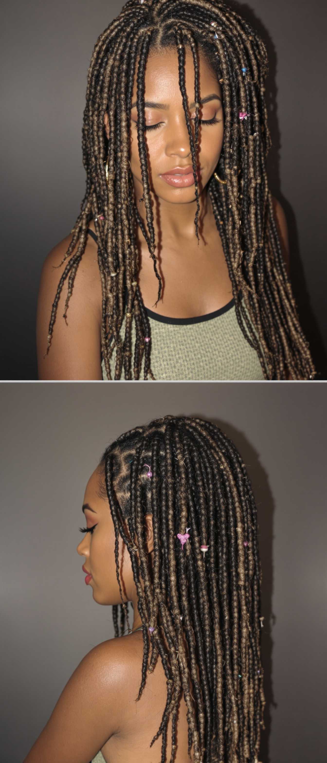 Photo shoot with a model with Microlocs are a type of loc hairstyle that are small about  2–4 mm in diameter or smaller and thin. Microlocs are made braiding small sections of hair from root to end around 150-200 lots. Images: high-quality images of model showcasing hair from the back length 16”-22”

