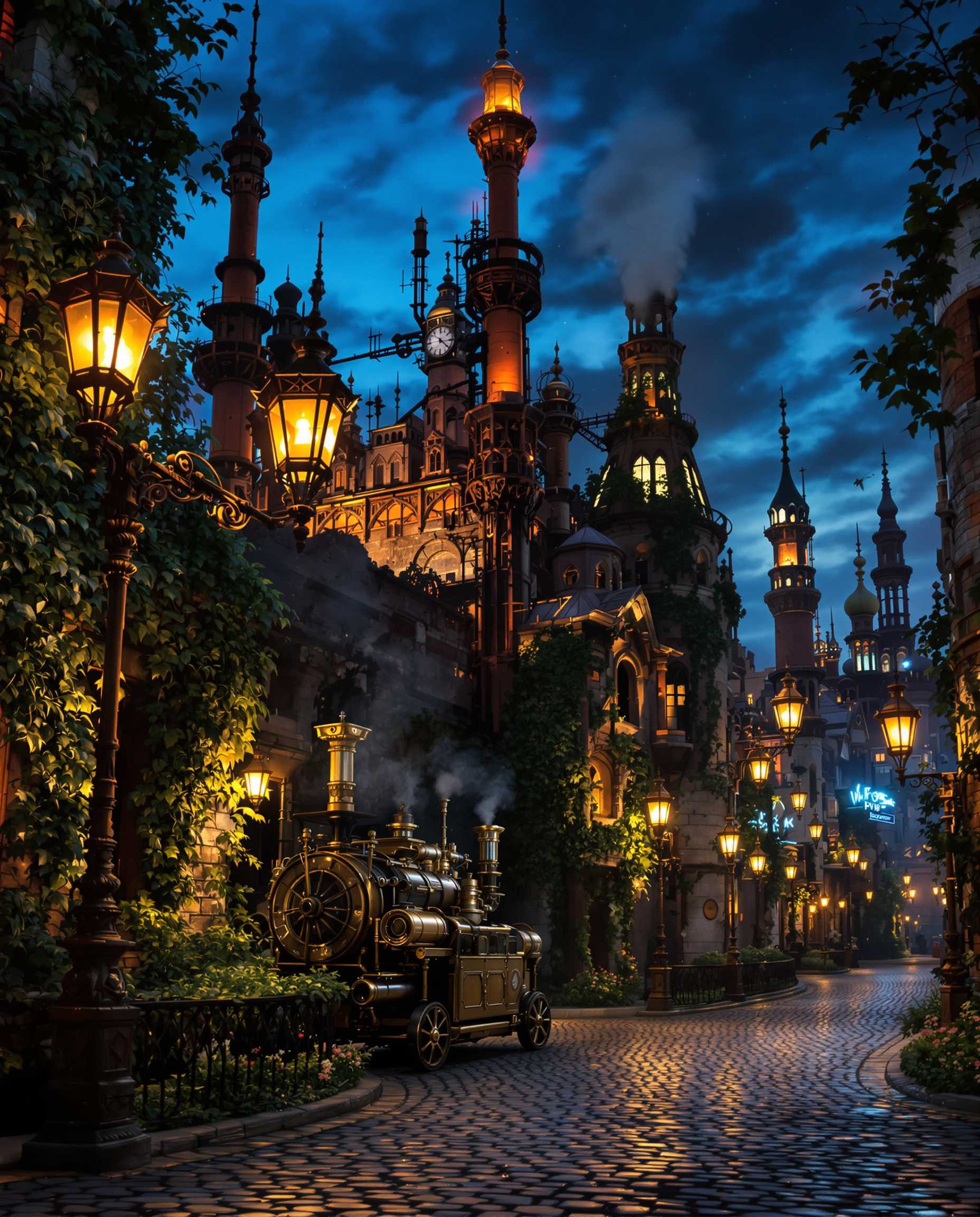 The image depicts a retro sci-fi scene set in a Victorian-era city, where towering rusty spires and intricately designed ironwork showcase a fusion of technology and elegance. The composition features a winding cobblestone street, lined with ornate gas lamps flickering in the dusk, casting a warm, golden glow that contrasts with the cool blue tones of the twilight sky. In the foreground, a steam-powered vehicle, with brass accents and billowing smokestacks, adds a dynamic element, while the background reveals crumbling buildings adorned with overgrown vines, hinting at the ancient history of this once-thriving metropolis. The lighting is dramatic, with shadows playing across the textured surfaces, creating a sense of depth and mystery, while the overall color palette combines rust reds, deep greens, and soft yellows, evoking a nostalgic yet otherworldly atmosphere. The genre blends elements of steampunk and fantasy, inviting viewers to imagine the stories hidden within this decaying yet enchanting cityscape.
