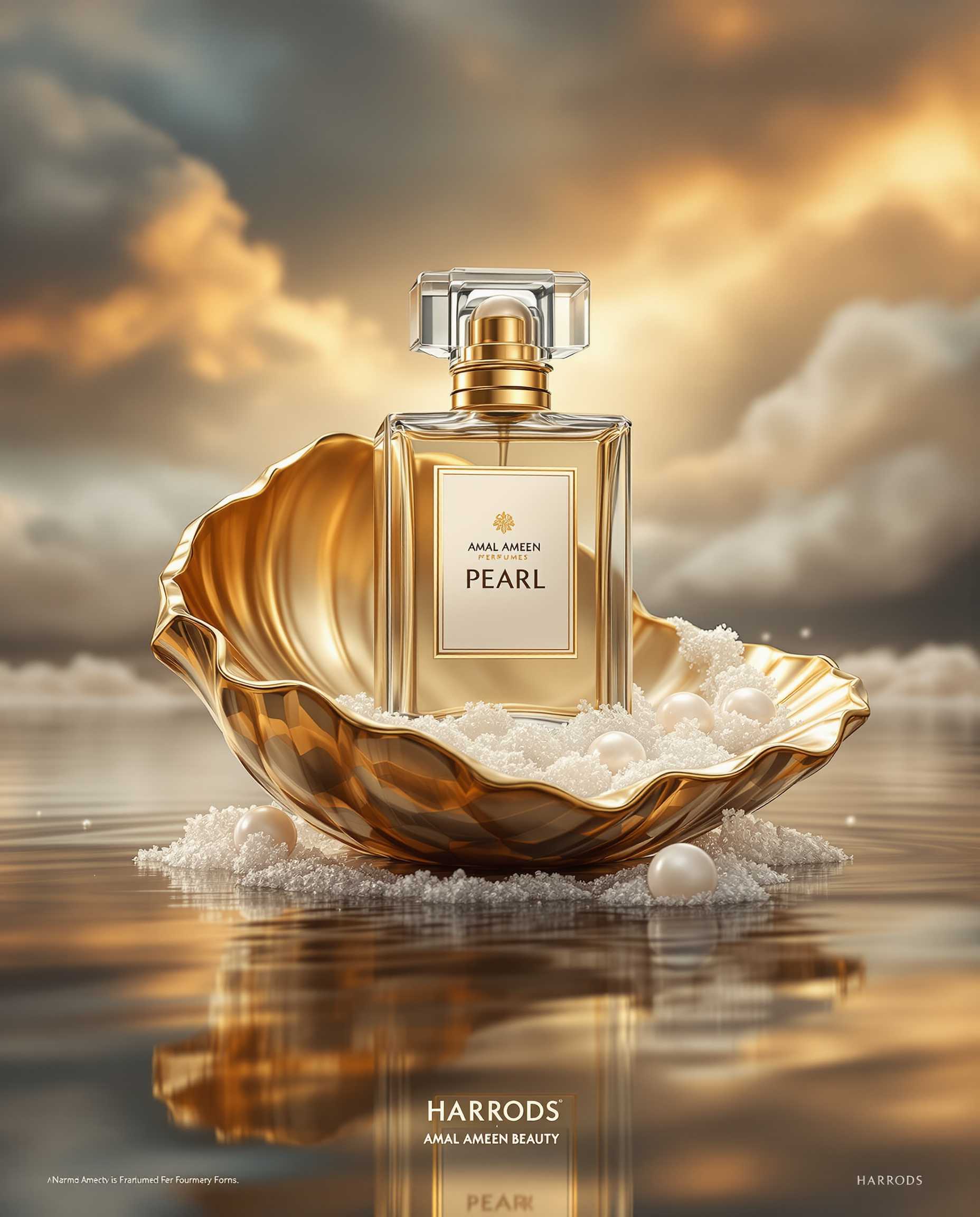 Create a hyperrealistic, photorealistic, high-resolution advertisement for a perfume product called "PEARL," from the brand "Amal Ameen Perfumes." The visual should be designed with an opulent and elegant theme, blending natural and luxurious elements. The perfume bottle is clear and rectangular, showcasing its premium, minimalist glasswork, with a bold, clean logo for "Amal Ameen Perfumes" and the name "PEARL" prominently displayed beneath. The golden outline around the label accentuates its luxury appeal, and the bottle is topped with a cap resembling a shell, with a small, spherical pearl at the center, complementing the pearl theme. The bottle is set inside an open, gold-tinted shell, with a metallic finish that adds grandeur and aligns with the pearl's symbolism of rarity and beauty. The background features dramatic, moody clouds with golden and dark hues, creating an ethereal, dream-like quality. The bottle and shell sit on a reflective surface resembling water, creating a mirrored effect and adding depth and sophistication to the composition. Frothy textures around the shell mimic ocean foam, tying into the aquatic and pearl motif. The "Amal Ameen Beauty" logo is placed subtly in the bottom right corner, ensuring brand recognition while maintaining a clean design, with "Harrods" written faintly near the base to suggest luxury and prestige. The entire image revolves around the elegance and rarity associated with pearls, blending natural elements with opulent materials to appeal to luxury consumers, using high contrast, depth-of-field, and beautiful rich warm colors to enhance the overall effect.
