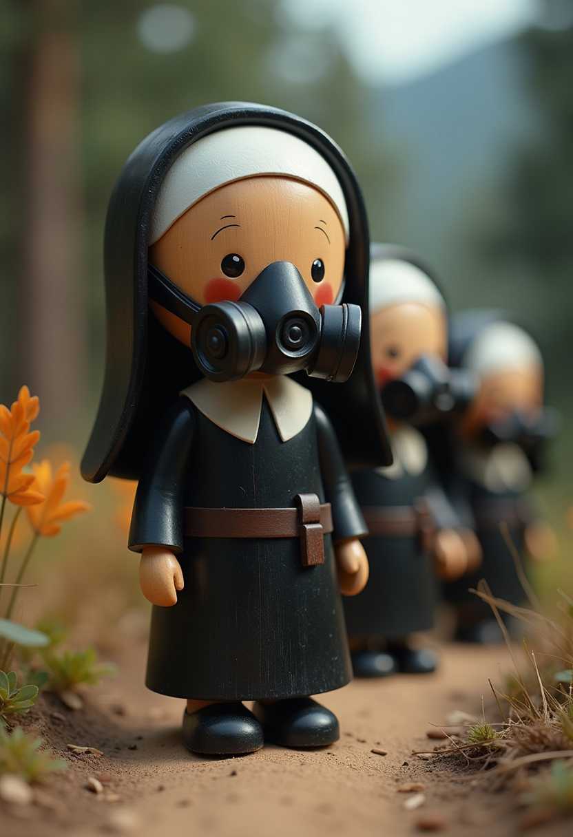 3d cartoon wooden characters painted with glossy paint. Toy diorama. nun wearing a gas mask.