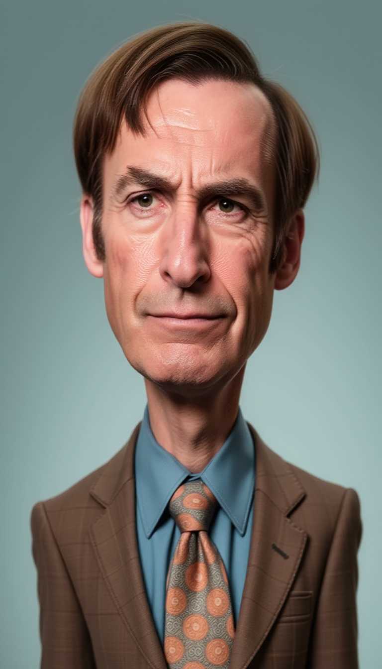 This image is a digital painting that showcases a highly stylized and exaggerated caricature of a person. The art style is reminiscent of caricature and illustration, with a focus on creating a humorous and exaggerated representation of the subject.The medium appears to be digital painting, as evidenced by the smooth blending of colors and the lack of texture that one might find in traditional mediums like oil or acrylic paints. The use of lighting and shadow in the painting gives it a threedimensional quality, although the subject is twodimensional.The colors in the painting are vibrant and bold, with a clear contrast between the warm tones of the subject and the cooler background. The subjects skin is a rich, warm tone, with a rosy complexion and a prominent red nose that stands out against the lighter skin. The hair is a mix of dark and light tones, with a few strands sticking out in a way that adds to the overall whimsical nature of the piece.The subject is wearing a brown suit with a patterned tie that features a mix of orange, blue, and white. The suit jacket has a subtle texture, and the lapels are slightly raised, giving the impression of movement. The shirt underneath is a light blue with a pattern of small, intricate circles and swirls.The background is a simple gradient of blues, with a lighter blue at the top and a darker blue at the bottom. 
