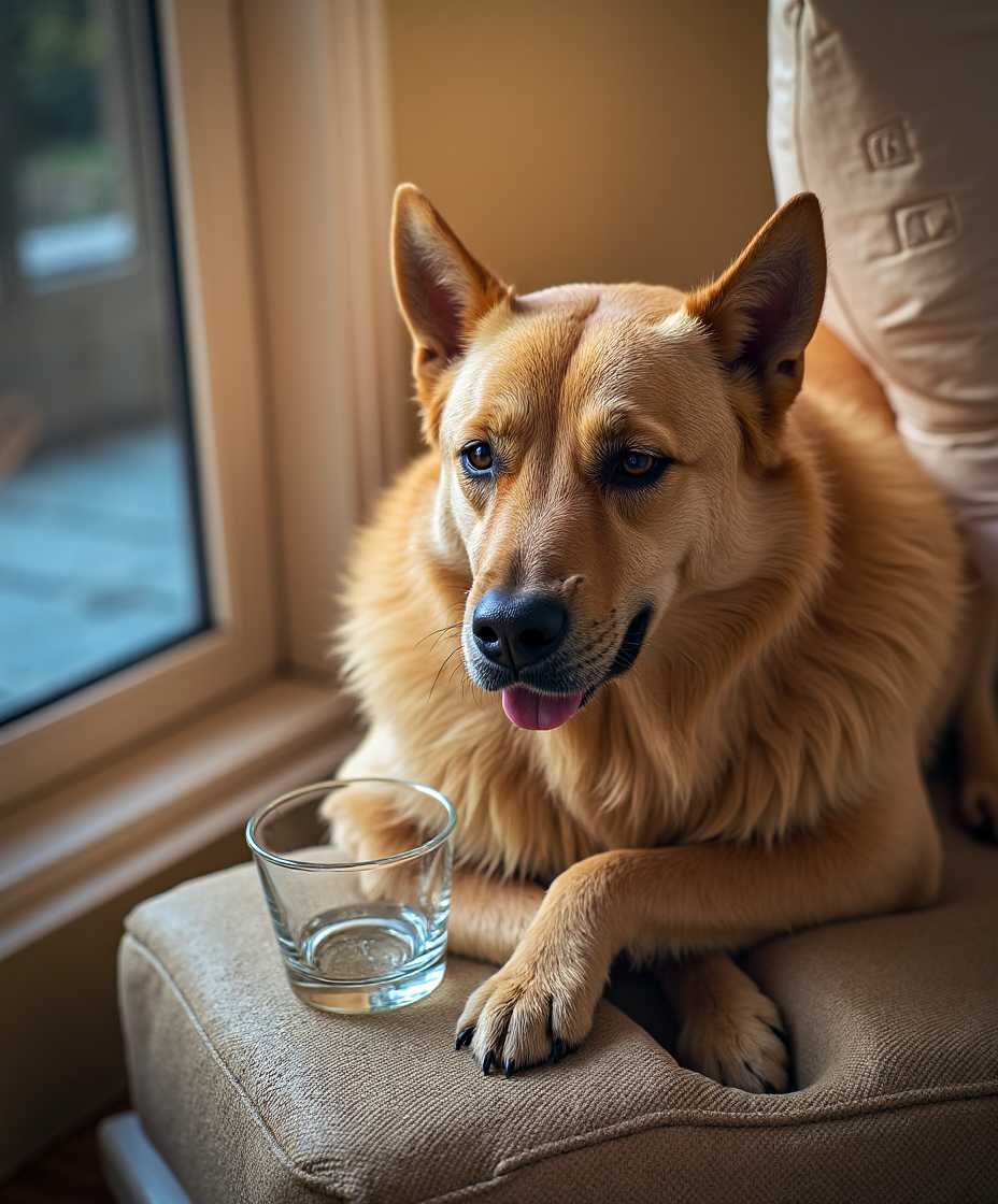 Golden Retriever Puppy Licking Glass on Couch