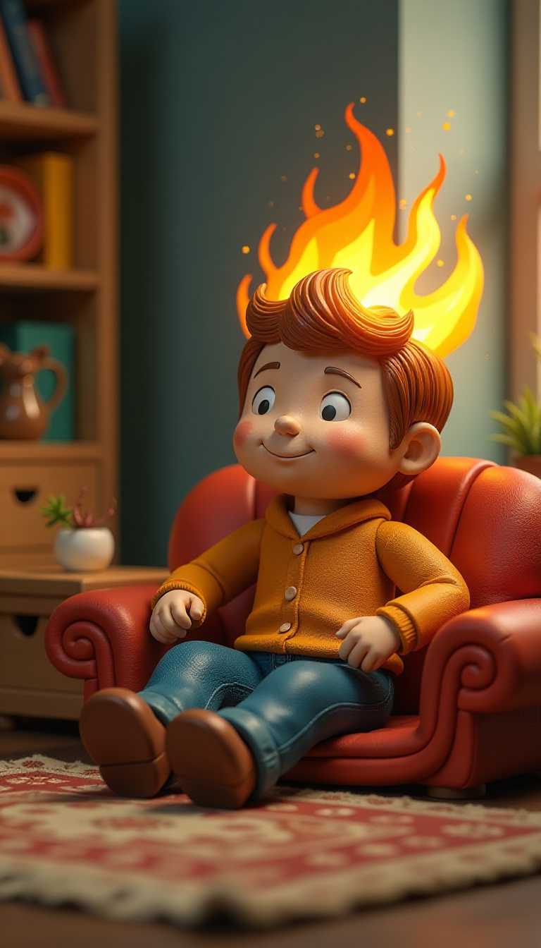 3d cartoon wooden characters painted with glossy paint. Toy diorama. Man relaxing at home, but with his hair on fire.
