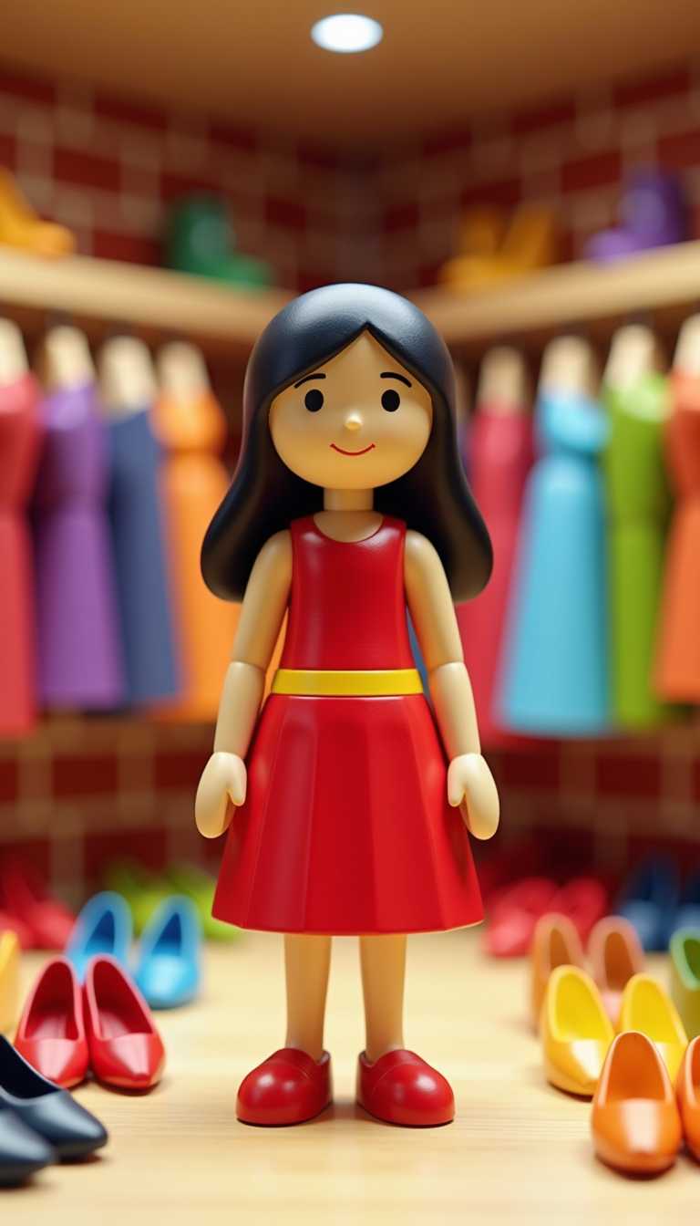 3d cartoon wooden characters painted with glossy paint. Toy diorama. The colors in the image are bright and primary, with a limited palette that includes red, yellow, blue, purple, and black. The clothing items in the background are a mix of these colors, creating a cheerful and vibrant scene. The foreground is dominated by a single figure, who is wearing a red dress with a flared skirt and a yellow belt. The dress has a simple, clean design with no intricate patterns or details.The figure is standing in a clothing store, as indicated by the racks of clothes and shoes in the background. The clothes are hung neatly on hangers, and the shoes are displayed on the floor. The stores interior is not fully visible, but we can see a brick wall and a ceiling with a patterned design. The overall atmosphere of the image is one of youthful innocence and the joy of shopping.