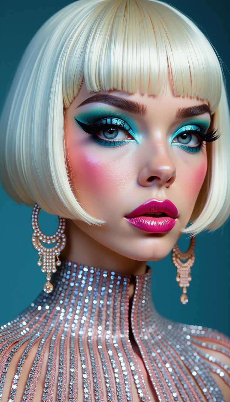 This image is a closeup portrait of a person with a highly stylized and vibrant appearance. The subject has a platinum blonde bob haircut with a straight fringe that neatly covers the forehead. The hair is sleek and shiny, reflecting light in a way that suggests it might be a wig or have been treated to achieve that glossy finish.The persons makeup is bold and eyecatching, with a focus on the eyes. The eyeshadow is a bright, turquoise blue with a shimmering texture that catches the light, giving it a dynamic and almost iridescent quality. The eyeliner is thick and black, with a winged tip that adds to the dramatic effect. The mascara is volumizing and lengthening, enhancing the eyes further. The eyebrows are wellgroomed and filled in, matching the overall intensity of the makeup.The lips are coated in a glossy, metallic pink lipstick that reflects light in a way that suggests a highshine finish. The lipstick is applied thickly, covering the entire lip area, and the color is a vibrant, almost fluorescent shade that stands out against the pale skin.The subject is wearing a lavish piece of jewelry that serves as the centerpiece of the image. It is a chandelierstyle earring that cascades down the ear, adorned with rows of sparkling crystals and rhinestones that catch the light in a mesmerizing display of shimmer. The earring is attached to a chain that wraps around the earlobe and neck, continuing the luxurious feel of the accessory.The person is also wearing a garment that is similarly extravagant. It features a multitude of vertical, thin strips that are densely covered in crystals and rhinestones, creating a shimmering effect. The strips are arranged in a way that gives the garment a textured and threedimensional appearance, with the light reflecting off the crystals in a kaleidoscopic display of colors.The overall art style of the image is highly stylized and fantastical, with a focus on vibrant colors and exaggerated features. The medium appears to be digital, given the smooth gradients and seamless blending of colors. The image has a surreal quality, as the subjects appearance is not naturally achievable and seems to be a creative interpretation of fashion and makeup.The colors in the image are bright and saturated, with a predominance of pinks, blues, and purples. The turquoise blue eyeshadow and metallic pink lipstick create a striking contrast, while the crystals and rhinestones add a touch of opulence and luxury. The overall effect is one of boldness and extravagance, with a sense of otherworldliness and fantasy.