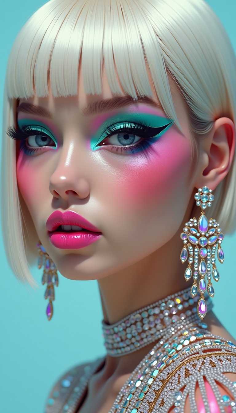 This image is a closeup portrait of a person with a highly stylized and vibrant appearance. The subject has a platinum blonde bob haircut with a straight fringe that neatly covers the forehead. The hair is sleek and shiny, reflecting light in a way that suggests it might be a wig or have been treated to achieve that glossy finish.The persons makeup is bold and eyecatching, with a focus on the eyes. The eyeshadow is a bright, turquoise blue with a shimmering texture that catches the light, giving it a dynamic and almost iridescent quality. The eyeliner is thick and black, with a winged tip that adds to the dramatic effect. The mascara is volumizing and lengthening, enhancing the eyes further. The eyebrows are wellgroomed and filled in, matching the overall intensity of the makeup.The lips are coated in a glossy, metallic pink lipstick that reflects light in a way that suggests a highshine finish. The lipstick is applied thickly, covering the entire lip area, and the color is a vibrant, almost fluorescent shade that stands out against the pale skin.The subject is wearing a lavish piece of jewelry that serves as the centerpiece of the image. It is a chandelierstyle earring that cascades down the ear, adorned with rows of sparkling crystals and rhinestones that catch the light in a mesmerizing display of shimmer. The earring is attached to a chain that wraps around the earlobe and neck, continuing the luxurious feel of the accessory.The person is also wearing a garment that is similarly extravagant. It features a multitude of vertical, thin strips that are densely covered in crystals and rhinestones, creating a shimmering effect. The strips are arranged in a way that gives the garment a textured and threedimensional appearance, with the light reflecting off the crystals in a kaleidoscopic display of colors.The overall art style of the image is highly stylized and fantastical, with a focus on vibrant colors and exaggerated features. The medium appears to be digital, given the smooth gradients and seamless blending of colors. The image has a surreal quality, as the subjects appearance is not naturally achievable and seems to be a creative interpretation of fashion and makeup.The colors in the image are bright and saturated, with a predominance of pinks, blues, and purples. The turquoise blue eyeshadow and metallic pink lipstick create a striking contrast, while the crystals and rhinestones add a touch of opulence and luxury. The overall effect is one of boldness and extravagance, with a sense of otherworldliness and fantasy.