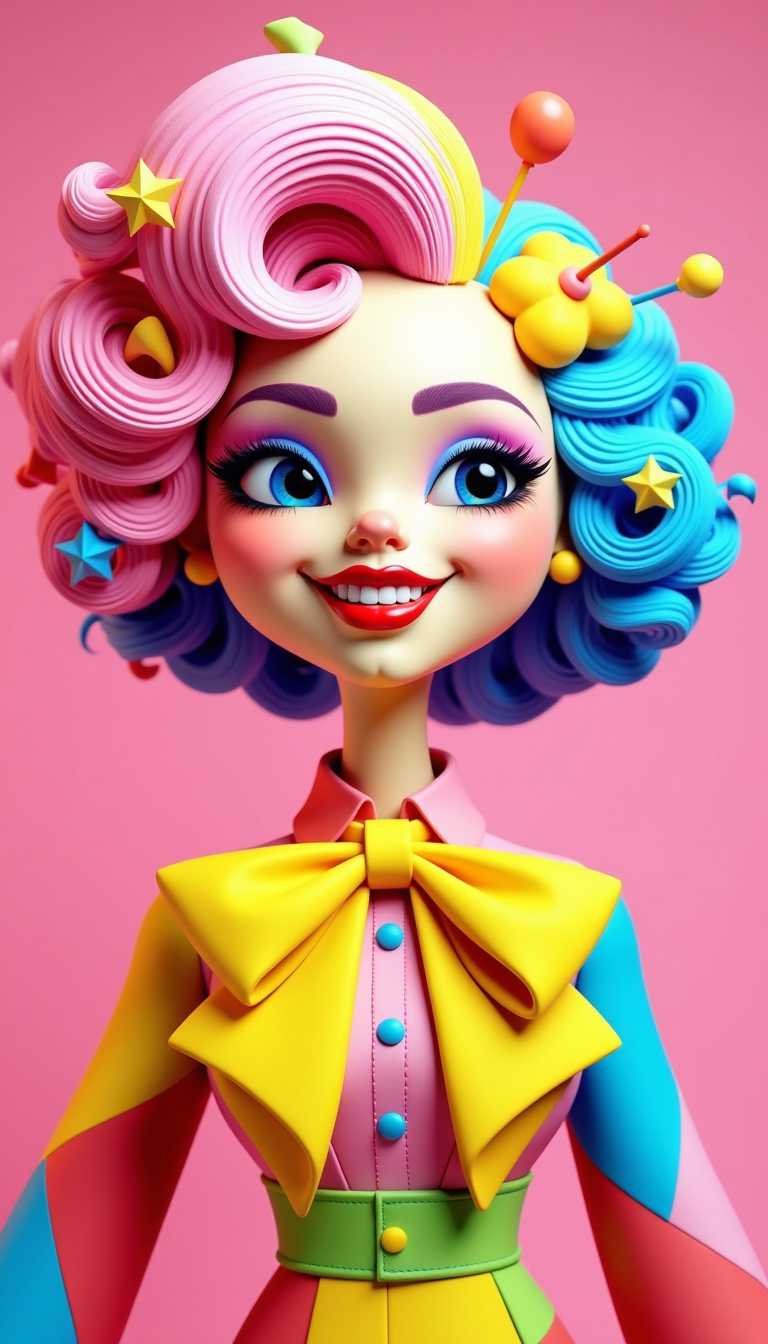 This image is a striking and vibrant portrayal of a person with a highly stylized and colorful appearance. The 3d cartoon subject is adorned with a whimsical hairstyle that features voluminous, curly locks in a spectrum of pastel colors, including shades of pink, blue, and yellow. The hair is arranged in a way that gives the impression of playful, exaggerated curls, and it is accessorized with geometric shapes in primary colors that protrude from the top, adding to the overall theatricality of the look.The subjects makeup is equally elaborate, with a focus on bold, graphic lines and shapes that echo the playful nature of the hairstyle. The eyes are highlighted with a dramatic smoky eye effect, and the eyeliner is drawn in a way that creates a sense of depth and movement. The lips are coated in a glossy, deep red, which stands out against the pale skin tone and the bright, colorful makeup palette.The subject is wearing a garment that complements the overall theme of the image. The shirt features a bold, graphic design with a mix of bright, saturated colors, and it is cinched at the waist with a large, exaggerated bow tie in a matching shade of yellow. The bow tie is styled in a way that it drapes over the shoulders and chest, adding to the playful and theatrical aesthetic.The art style of the image is reminiscent of pop art, with its emphasis on bright colors, bold lines, and playful subject matter. The medium appears to be digital, given the smooth gradients and the clarity of the colors. The background is a uniform, solid pink, which serves to highlight the subject and the vivid colors of their attire and hairstyle.Overall, the image exudes a sense of joy, creativity, and theatricality, with a playful and exaggerated sense of style that is both eyecatching and visually stimulating.