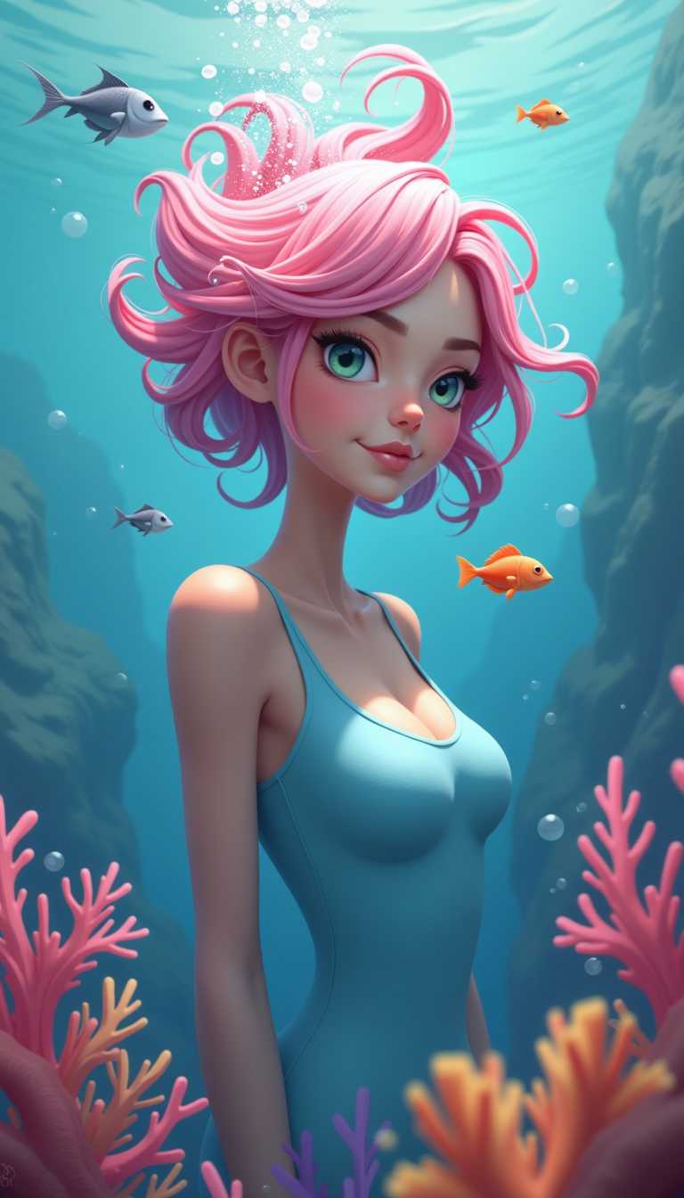 This is an image that depicts a 3d cartoon person submerged in water, with only their upper body visible. The person has flowing pink hair that seems to be underwater, with bubbles rising from it. The hair is detailed with lighter pink highlights and darker roots, giving it a realistic texture and volume.The person is wearing a sleeveless, light blue top that clings to their body, showing off their collarbones and upper chest. The fabric of the top has a subtle sheen, indicating that it might be wet or that the light is reflecting off it.The underwater setting is depicted with a variety of fish swimming around. There are several orange fish, which stand out against the blue backdrop of the water. There are also smaller, grey fish that blend into the background, creating a sense of depth and variety in the aquatic life. The fish are detailed with scales and fins, and they are swimming in different directions, giving the scene a dynamic feel.The water is rendered in shades of blue, with lighter blues near the surface and darker blues as you look deeper into the water. The water has a realistic texture, with ripples and bubbles that add to the underwater ambiance.The coral reefs in the image are depicted in shades of pink and orange, with detailed branching patterns. They are scattered throughout the bottom of the image, providing a natural habitat for the fish and contributing to the overall marine theme.The art style of the image is digital painting, with a high level of detail and realism. The use of light and shadow is skillfully applied to give the image a threedimensional effect, and the colors are vibrant and wellbalanced.