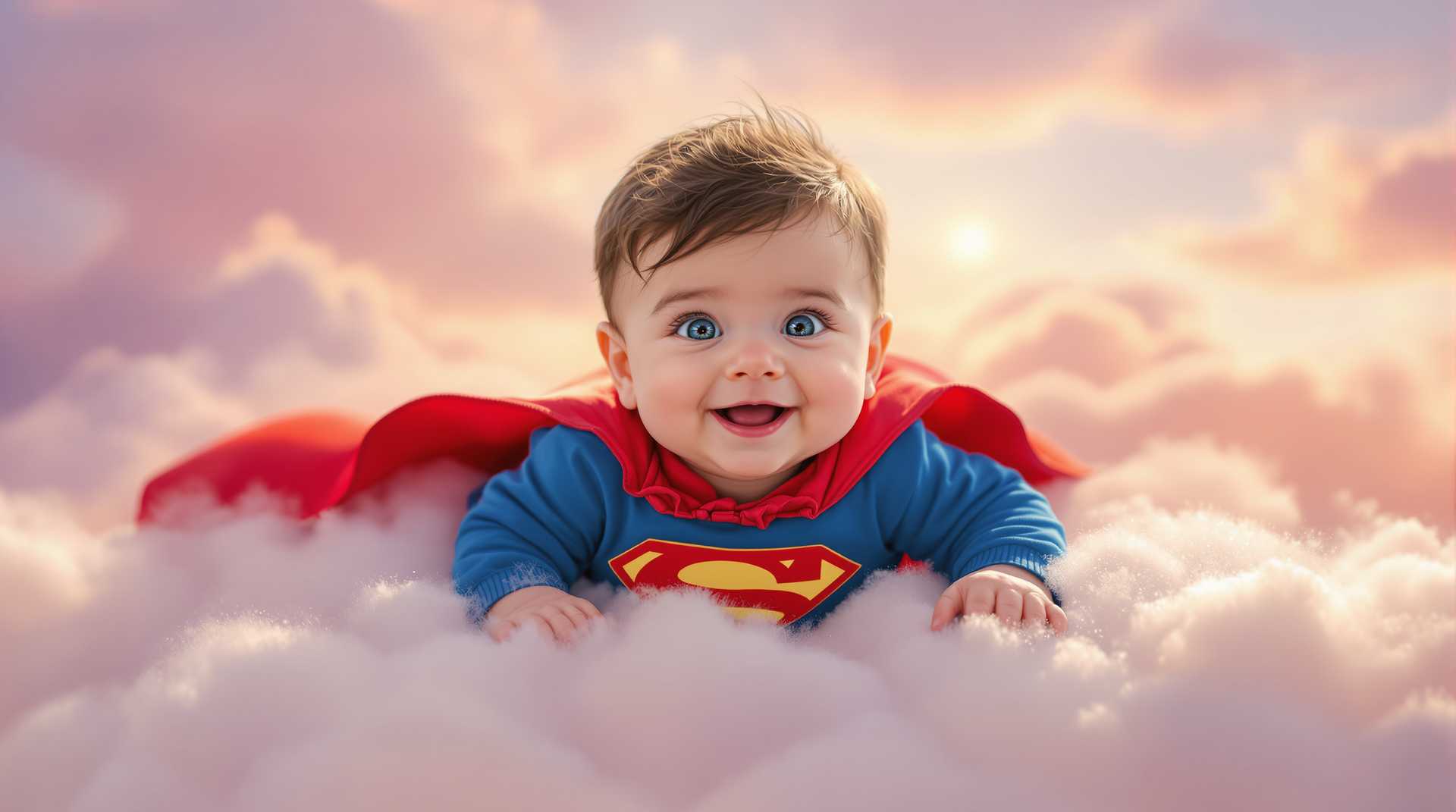 A whimsical scene featuring a baby Superman, capturing the essence of innocence and playfulness. The baby is lying on a soft, fluffy cloud, clad in a miniature version of the classic red and blue Superman costume, complete with the iconic 'S' emblem on the chest. His joyful expression radiates warmth and wonder, with big, bright blue eyes and a tuft of dark hair peeking out from under a tiny red cape that flutters gently in a soft breeze. The background is a serene sky painted in pastel hues of pink and lavender, suggesting a magical early evening. Gentle rays of sunlight illuminate the scene, casting a warm glow and creating soft shadows around the baby. The composition is framed from a slightly elevated angle, emphasizing the baby’s adorableness while capturing the whimsical nature of this Superbaby's world. The overall atmosphere is lighthearted and dreamy, evoking feelings of nostalgia and joy.