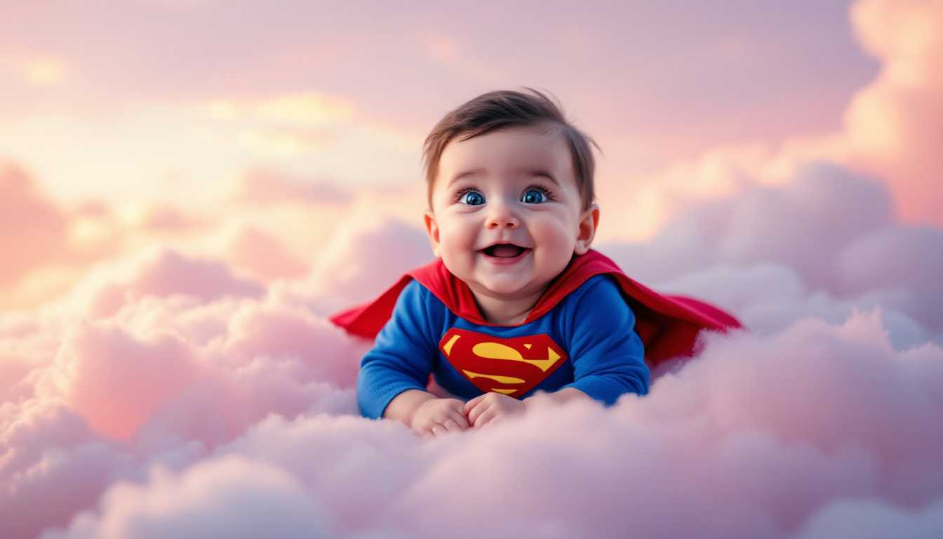 A whimsical scene featuring a baby Superman, capturing the essence of innocence and playfulness. The baby is lying on a soft, fluffy cloud, clad in a miniature version of the classic red and blue Superman costume, complete with the iconic 'S' emblem on the chest. His joyful expression radiates warmth and wonder, with big, bright blue eyes and a tuft of dark hair peeking out from under a tiny red cape that flutters gently in a soft breeze. The background is a serene sky painted in pastel hues of pink and lavender, suggesting a magical early evening. Gentle rays of sunlight illuminate the scene, casting a warm glow and creating soft shadows around the baby. The composition is framed from a slightly elevated angle, emphasizing the baby’s adorableness while capturing the whimsical nature of this Superbaby's world. The overall atmosphere is lighthearted and dreamy, evoking feelings of nostalgia and joy.
