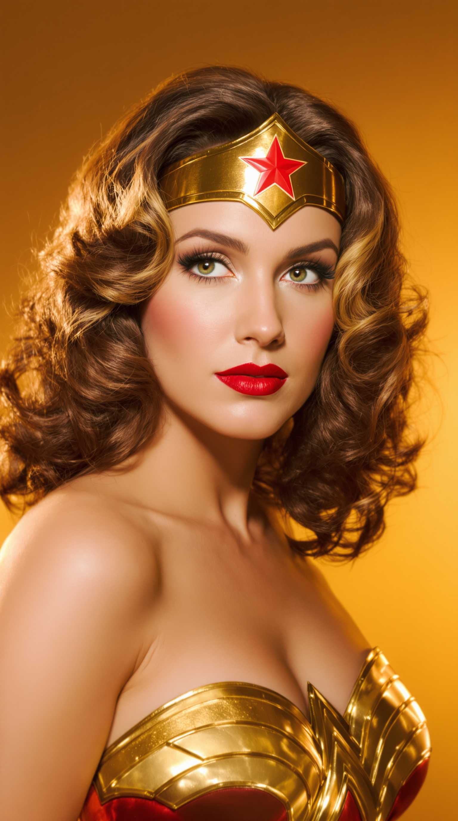 This image is a closeup portrait of a person dressed in a costume that strongly resembles that of Wonder Woman, a popular superheroine. The costume includes a golden tiara with a red star in the center, which is a key element of Wonder Womans iconic headpiece. The person is also wearing a golden bodice with a design that suggests armor, and the shoulders are bare, showing off the upper arms.The hair is styled in voluminous waves, reminiscent of the hairstyles popular in the 1970s, which is when Wonder Woman was first widely recognized. The hair color is a rich, chestnut brown with blonde highlights, giving it a lustrous and full appearance.The art style of the image is reminiscent of a vintage glamour portrait, with a focus on the subjects features and the costume details. The lighting is dramatic, with a warm, golden hue that casts a soft shadow on the right side of the subjects face, enhancing the threedimensional quality of the portrait.The medium appears to be a photograph, given the realistic rendering of textures and the depth of field. The colors are rich and saturated, with a warm palette dominated by gold, brown, and a touch of red from the star on the tiara. The background is a gradient of warm tones, fading from a golden yellow at the top to a deep amber at the bottom, which further emphasizes the subject.Overall, the image exudes a sense of nostalgia and celebration of the character Wonder Woman, capturing the essence of her iconic look and the era she was first introduced., Marilyn Monroe