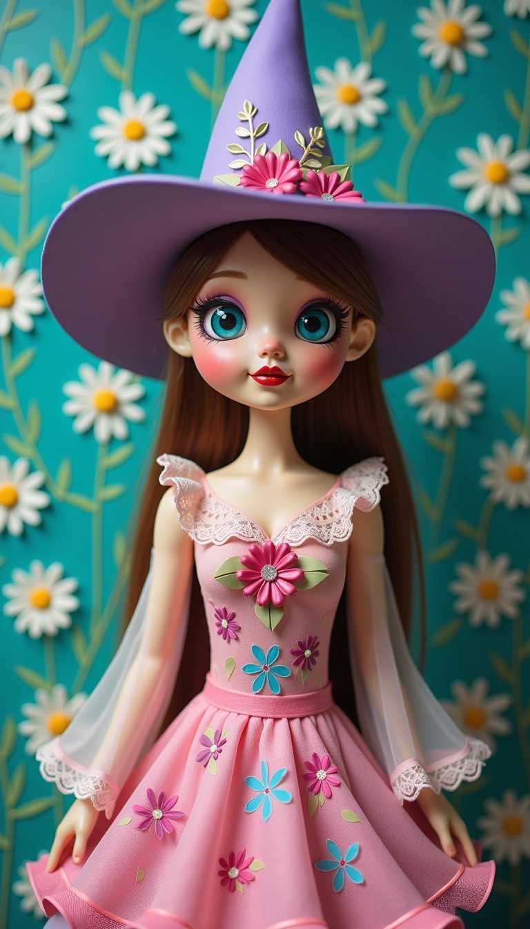 3d cartoon wooden characters painted with glossy paint. Toy diorama. This image features a subject adorned in a whimsical, fantastical costume that evokes a sense of enchantment and playfulness. The subject is wearing a tall, pointed witchs hat in a shade of purple, embellished with floral patterns and what appear to be crystals or rhinestones, adding a touch of elegance and mystique. The hats pointed tip and wide brim are characteristic of witch imagery, suggesting a nod to folklore and myth.The subjects attire includes a sheer, floralpatterned dress that drapes gracefully, with a delicate lace overlay that adds texture and intricacy to the garment. The dress is predominantly pink, with a variety of floral motifs in shades of pink, blue, and green, creating a vibrant and feminine aesthetic. The sleeves of the dress are bellshaped, with a ruffled hemline, further contributing to the ethereal quality of the outfit.The subjects makeup is bold and dramatic, with a focus on the eyes. The eyeshadow is a striking shade of blue, paired with a complementary shade of green, creating a vivid contrast against the pale skin. The eyeliner is thick and winged, giving a classic witchlike appearance, while the lips are coated in a rich, matte shade of red, providing a pop of color that complements the overall palette.The background of the image is a turquoise wall covered in a floral pattern, predominantly featuring daisies with white petals and yellow centers. The flowers are scattered across the wall in a seemingly random yet harmonious manner, contributing to the dreamy and fantastical atmosphere of the scene. The turquoise backdrop contrasts beautifully with the warm tones of the subjects clothing and the cool hues of the makeup, creating a visually pleasing and balanced composition.The overall art style of the image is reminiscent of a stylized portrait, with a focus on the subjects costume and makeup, set against a whimsical and fantastical background. 