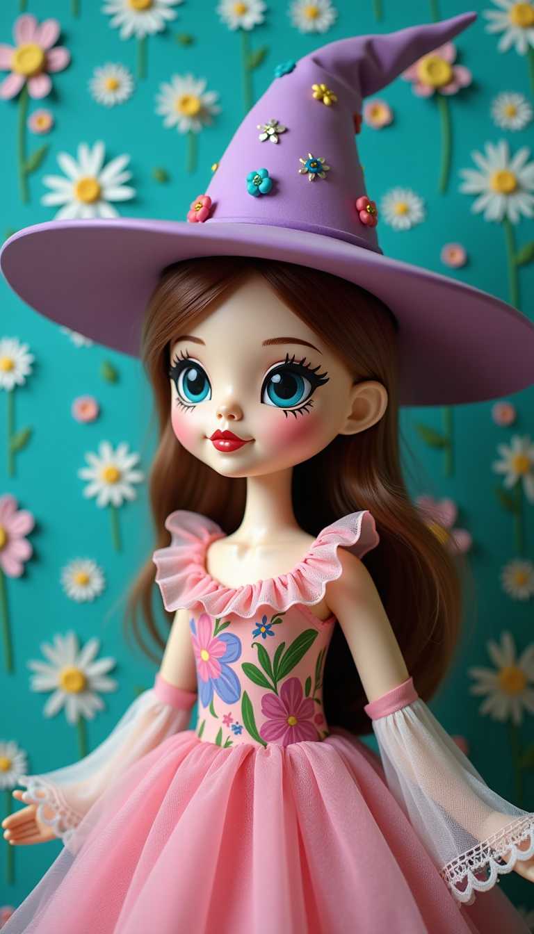 3d cartoon wooden characters painted with glossy paint. Toy diorama. This image features a subject adorned in a whimsical, fantastical costume that evokes a sense of enchantment and playfulness. The subject is wearing a tall, pointed witchs hat in a shade of purple, embellished with floral patterns and what appear to be crystals or rhinestones, adding a touch of elegance and mystique. The hats pointed tip and wide brim are characteristic of witch imagery, suggesting a nod to folklore and myth.The subjects attire includes a sheer, floralpatterned dress that drapes gracefully, with a delicate lace overlay that adds texture and intricacy to the garment. The dress is predominantly pink, with a variety of floral motifs in shades of pink, blue, and green, creating a vibrant and feminine aesthetic. The sleeves of the dress are bellshaped, with a ruffled hemline, further contributing to the ethereal quality of the outfit.The subjects makeup is bold and dramatic, with a focus on the eyes. The eyeshadow is a striking shade of blue, paired with a complementary shade of green, creating a vivid contrast against the pale skin. The eyeliner is thick and winged, giving a classic witchlike appearance, while the lips are coated in a rich, matte shade of red, providing a pop of color that complements the overall palette.The background of the image is a turquoise wall covered in a floral pattern, predominantly featuring daisies with white petals and yellow centers. The flowers are scattered across the wall in a seemingly random yet harmonious manner, contributing to the dreamy and fantastical atmosphere of the scene. The turquoise backdrop contrasts beautifully with the warm tones of the subjects clothing and the cool hues of the makeup, creating a visually pleasing and balanced composition.The overall art style of the image is reminiscent of a stylized portrait, with a focus on the subjects costume and makeup, set against a whimsical and fantastical background. 