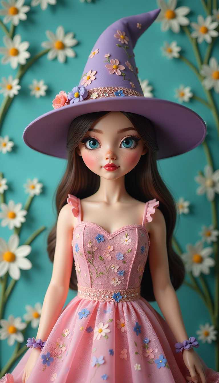 3d cartoon wooden characters painted with glossy paint. Toy diorama. This image features a subject adorned in a whimsical, fantastical costume that evokes a sense of enchantment and playfulness. The subject is wearing a tall, pointed witchs hat in a shade of purple, embellished with floral patterns and what appear to be crystals or rhinestones, adding a touch of elegance and mystique. The hats pointed tip and wide brim are characteristic of witch imagery, suggesting a nod to folklore and myth.The subjects attire includes a sheer, floralpatterned dress that drapes gracefully, with a delicate lace overlay that adds texture and intricacy to the garment. The dress is predominantly pink, with a variety of floral motifs in shades of pink, blue, and green, creating a vibrant and feminine aesthetic. The sleeves of the dress are bellshaped, with a ruffled hemline, further contributing to the ethereal quality of the outfit.The subjects makeup is bold and dramatic, with a focus on the eyes. The eyeshadow is a striking shade of blue, paired with a complementary shade of green, creating a vivid contrast against the pale skin. The eyeliner is thick and winged, giving a classic witchlike appearance, while the lips are coated in a rich, matte shade of red, providing a pop of color that complements the overall palette.The background of the image is a turquoise wall covered in a floral pattern, predominantly featuring daisies with white petals and yellow centers. The flowers are scattered across the wall in a seemingly random yet harmonious manner, contributing to the dreamy and fantastical atmosphere of the scene. The turquoise backdrop contrasts beautifully with the warm tones of the subjects clothing and the cool hues of the makeup, creating a visually pleasing and balanced composition.The overall art style of the image is reminiscent of a stylized portrait, with a focus on the subjects costume and makeup, set against a whimsical and fantastical background. 