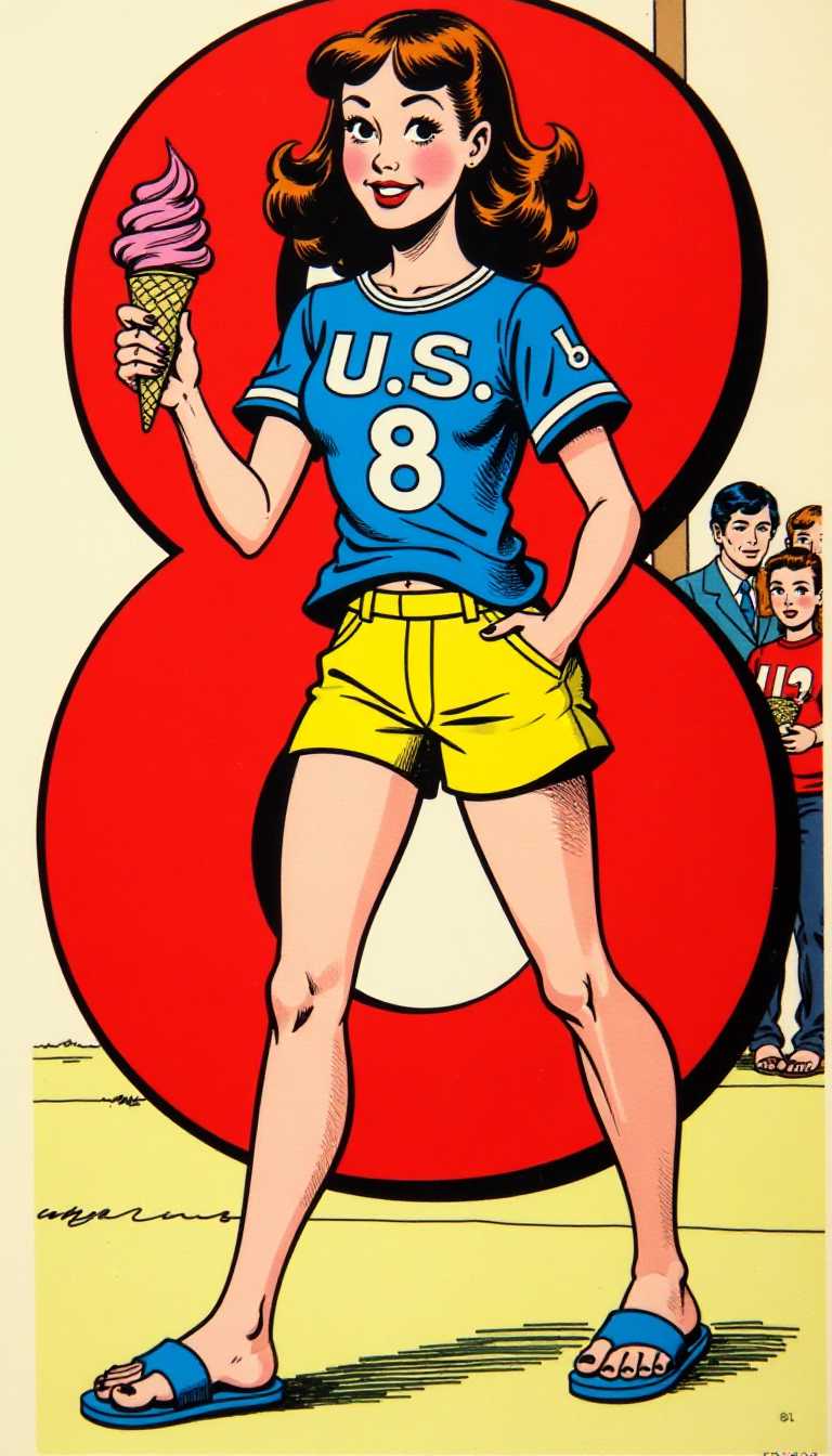 This image is a comic strip panel, featuring a character in a dynamic pose. The art style is reminiscent of 1960s and 1970s American comic books, with bold outlines, flat colors, and a clear, exaggerated form that is characteristic of the eras illustrations.The medium appears to be ink and paper, as evidenced by the visible lines and shading that give depth to the characters form. The colors are bright and primary, with a limited palette that includes shades of blue, yellow, red, and black. The use of color is simple but effective, with the red and yellow creating a contrast that draws the eye to the central figure.The character is wearing a blue sports jersey with the number 8 on the front, and the word US on the sleeve, suggesting a patriotic theme or participation in a U.S. sports event. The jersey is paired with a pair of yellow shorts, which are slightly frayed at the hem, giving the character a casual, sporty look. The shorts are tucked into blue sandals with straps, which are a common choice for summer wear.The character is holding a pink ice cream cone in her right hand, which adds a playful element to the image. The ice cream cone is detailed with a swirl of pink and white, and the cone itself has a realistic texture that contrasts with the more stylized elements of the characters clothing.In the background, there is a large red number 8, which is likely a prop or part of the characters environment. The number is outlined in black, and there is a small, indistinct figure in the top right corner, which seems to be a bystander or another participant in the event.The overall feel of the image is cheerful and lighthearted, with a focus on the characters pose and the playful element of the ice cream cone. The comic strip style and the bright, primary colors contribute to a nostalgic and fun atmosphere.