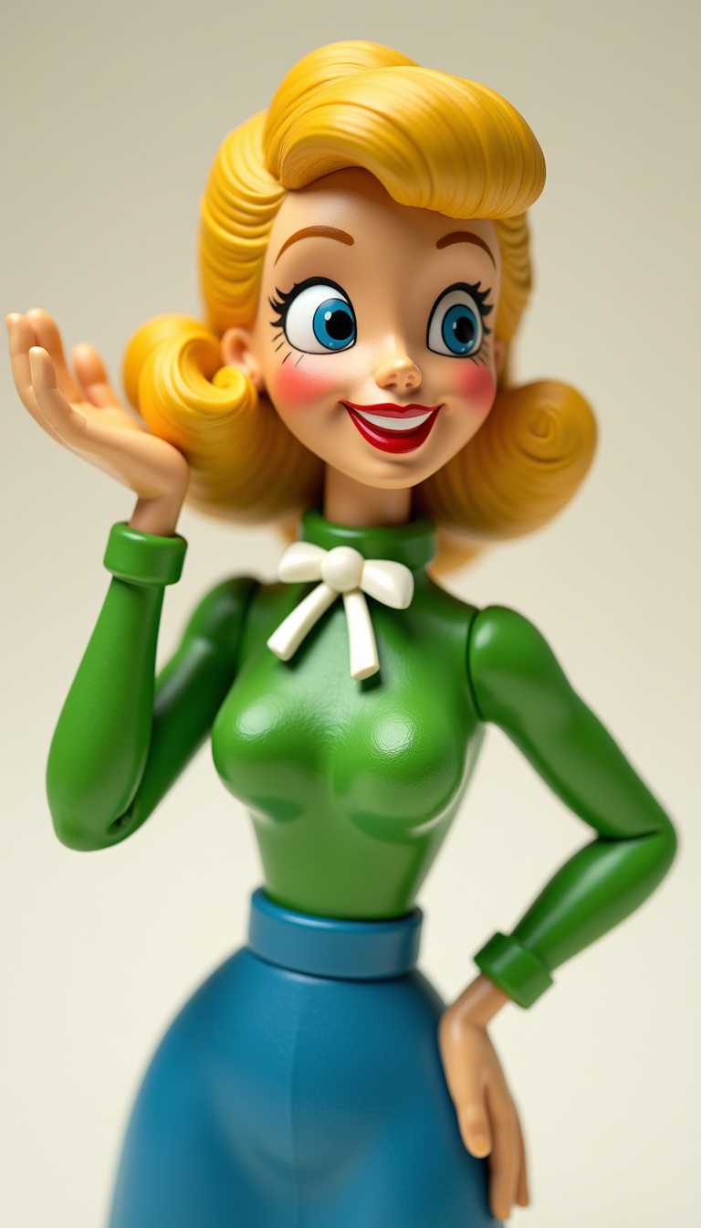 3d cartoon wooden characters painted with glossy paint. Toy diorama.The subject of the image is a woman with blonde hair styled in a voluminous bouffant hairstyle, which is reminiscent of the hairstyles popular during that era. Her hair is drawn with thick, curly locks that give a sense of movement and volume. The woman is wearing a green top with a high neckline and long sleeves. The top has a fitted bodice with a slight puff at the shoulders, giving it a flattering silhouette. Around the neck, there are two white ribbons tied into bows, which add a touch of elegance and a nod to the periods fashion.She is also wearing a blue skirt that falls to midthigh length. The skirt has a simple, straight cut with a slight flare at the hem, which is typical of the modest yet stylish skirts worn during the 1950s and 1960s. The skirt is paired with a belt, cinched at the waist, which further accentuates the waistline and gives the outfit a more defined silhouette.The womans pose is playful and confident, with one hand on her hip and the other raised to her head in a gesture that suggests she is adjusting her hair or perhaps gesturing in a thoughtful manner. Her facial expression is bright and cheerful, with a wide smile and sparkling eyes, which adds to the overall friendly and approachable aura of the character.