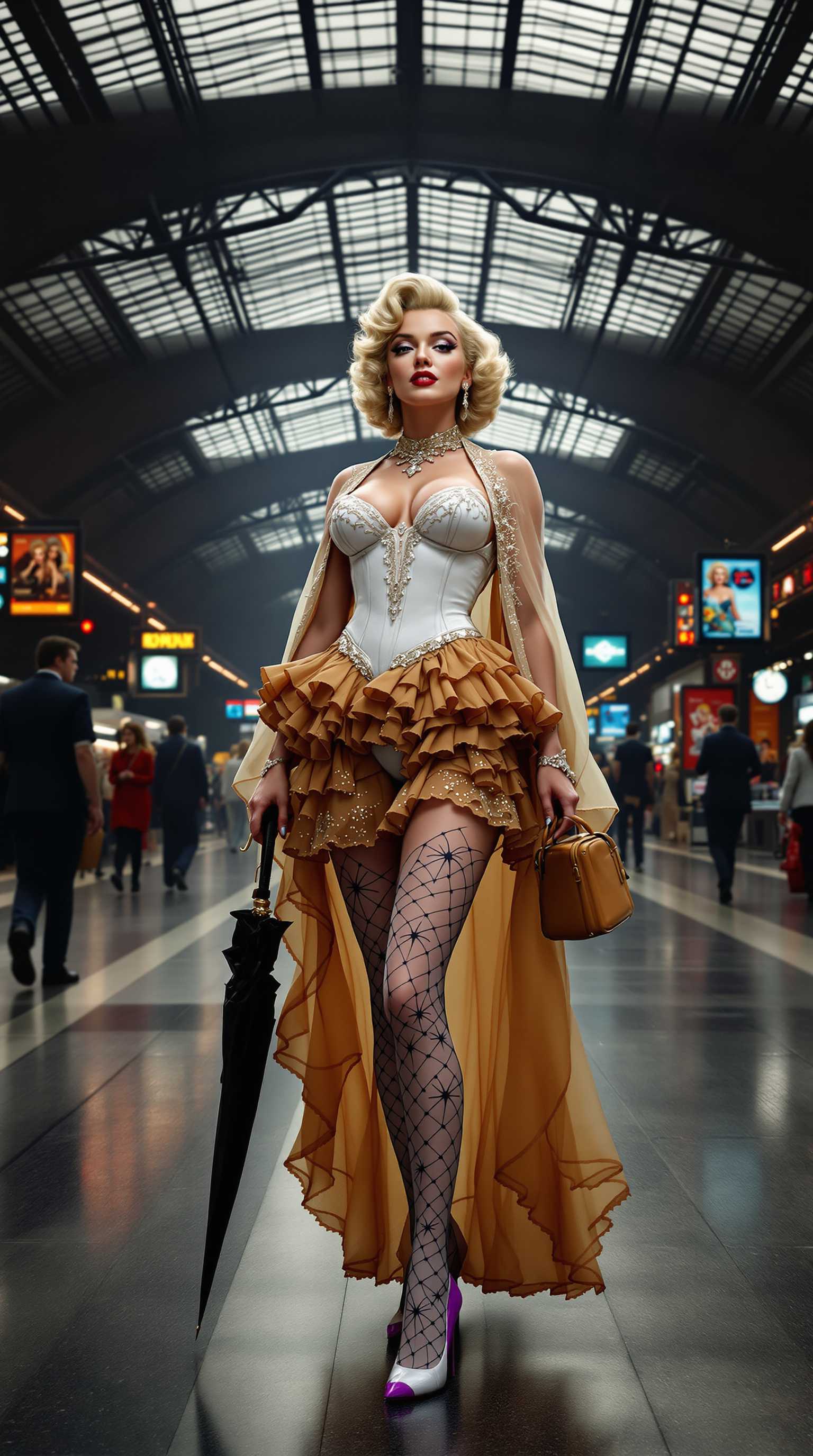 A digitally created 3D rendering of Marilyn Monroe in a modern train station at night, blending fantasy and contemporary realism. The scene features a high ceiling supported by a grid of steel beams, beautifully illuminated by linear lights that cast a warm glow across the platform. The atmosphere is moody with rich, dark tones, enhancing the cinematic quality of this artistic portrayal. 

Foregrounded is a glamorous version of Monroe, showcasing her in a stunning tan ensemble layered with lace and sheer fabric; the intricate textures of her attire catch the ambient light beautifully. She wears a white corset embellished with lace detailing, a sheer tan dress with a ruffled hem, and a flowing cape made of the same material. Her look is accented by white stockings adorned with a spider web pattern and high-heeled boots featuring bold purple highlights. In one hand, she elegantly holds a black umbrella, while her other hand carries a stylish tan satchel.

The bustling background of the train station adds life to the scene, with passengers scattered about – some engaged in animated conversation, others waiting quietly with their luggage. The sleek, modern aesthetics of the station are complemented by advertisements and information boards, creating a vibrant contrast with Monroe's character. The composition focuses on the detailed textures and lighting, encapsulating a striking blend