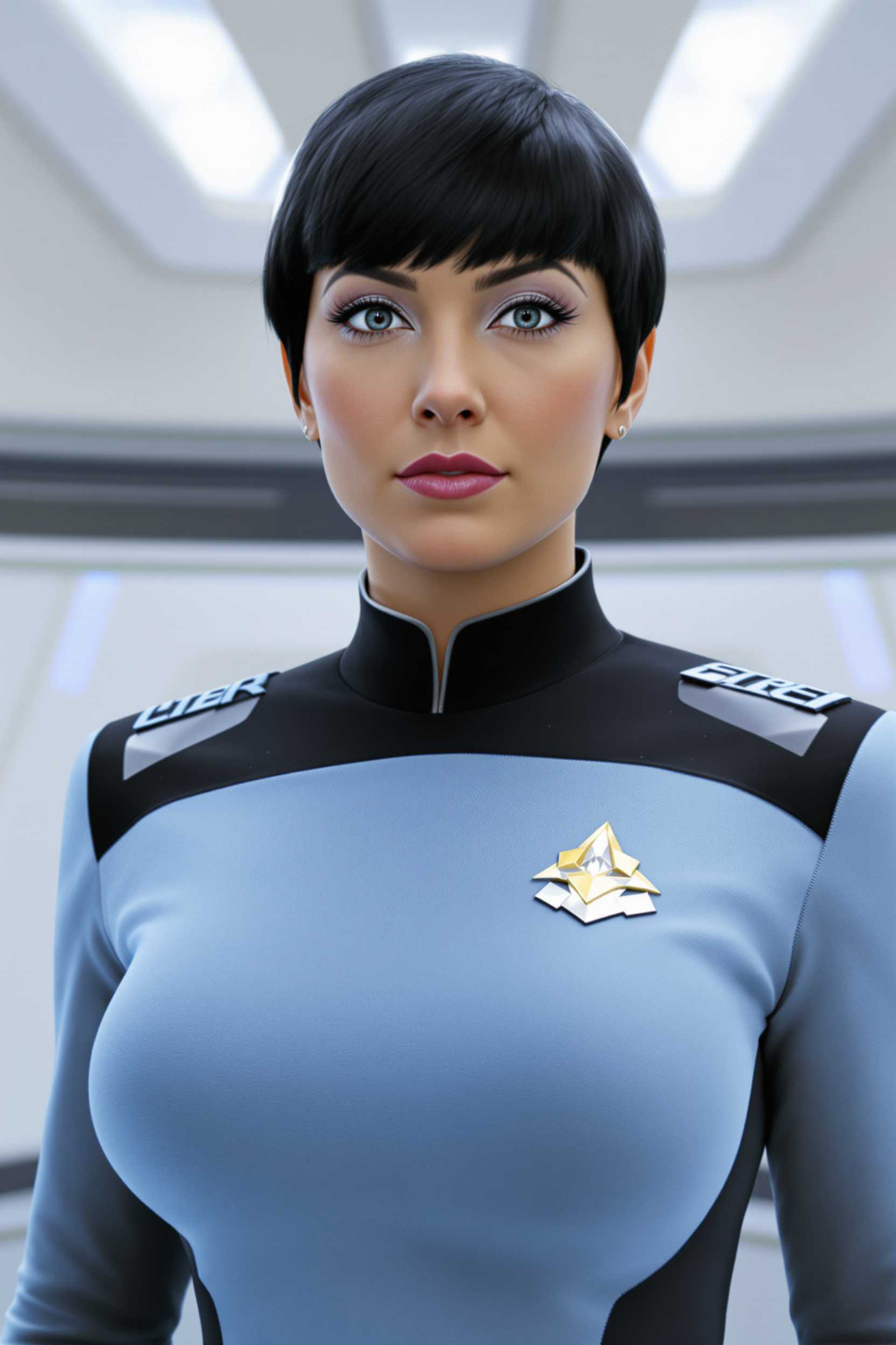 This image is a woman form star trek, with a large bust,indicated by the lighting and the smoothness of the textures. The art style is realistic with a touch of science fiction, as suggested by the uniform and the insignia on the chest. The medium appears to be a computergenerated 3D model, given the high level of detail and the way light interacts with the surfaces.The colors in the image are primarily cool tones, with a predominance of blues and grays. The uniform is a light blue with a black collar and shoulder panels, which gives it a professional and futuristic look. The insignia on the uniform is metallic, with shades of silver and hints of gold, which adds to the hightech aesthetic. The background is a soft white with subtle blue highlights, which gives the impression of a clean, sterile environment typical of a spaceship interior.There are no discernible objects in the image aside from the uniformed figure, which is the central focus. The figures hair is styled in a short, neat manner, and the lighting accentuates the contours of the uniform and the figures posture, giving the image a sense of depth and realism.
